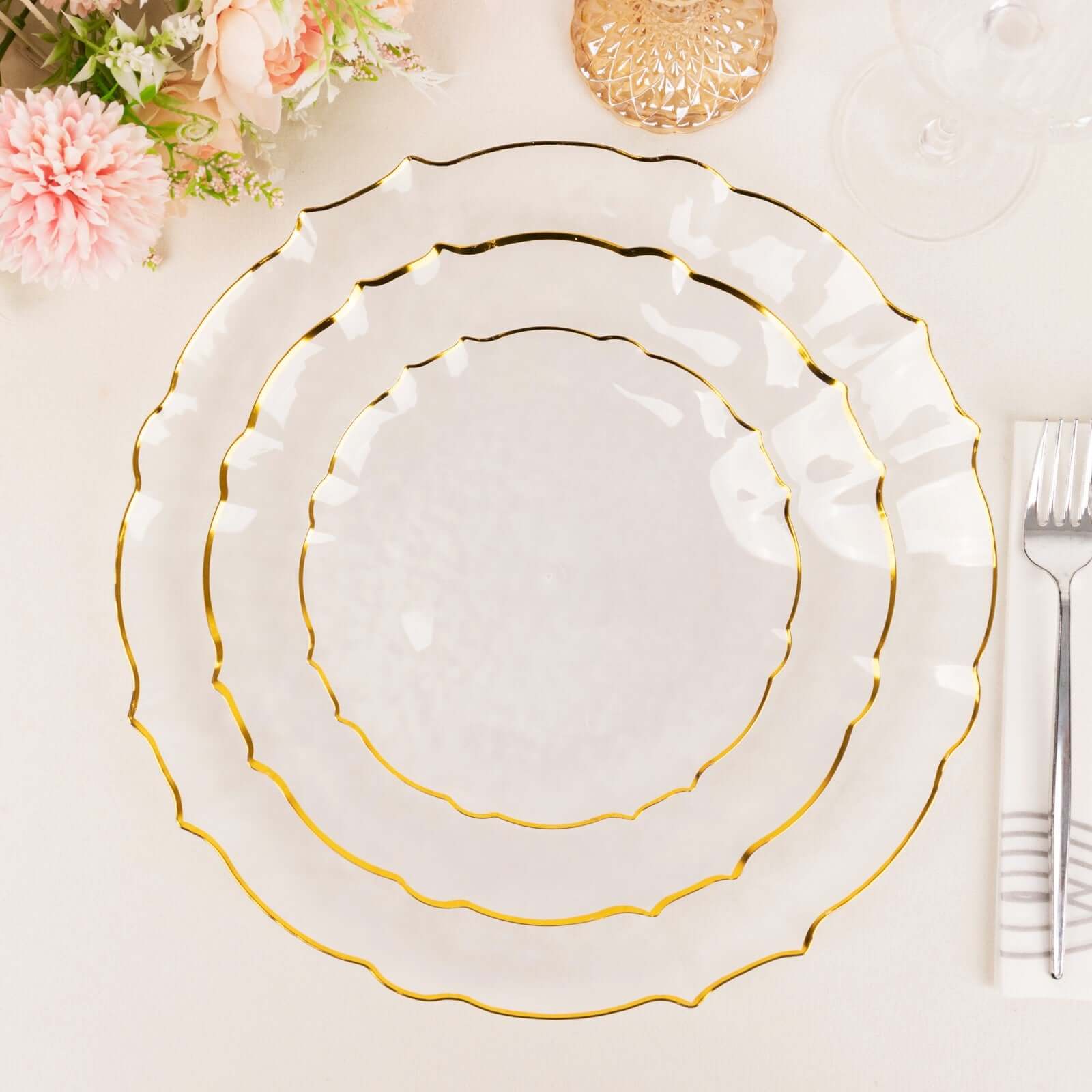 10-Pack Plastic 7" Round Dessert Appetizer Plates in Clear Sunflower with Gold Scalloped Rim - Disposable Salad Plates for Classy Events & Banquets