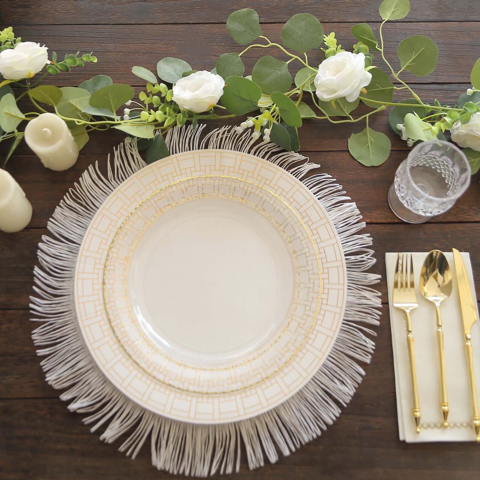 10-Pack Cardstock Paper Charger Plates in White with Gold Basketweave Pattern Rim - 650GSM Cardboard Placemats for Weddings & Banquets 13"