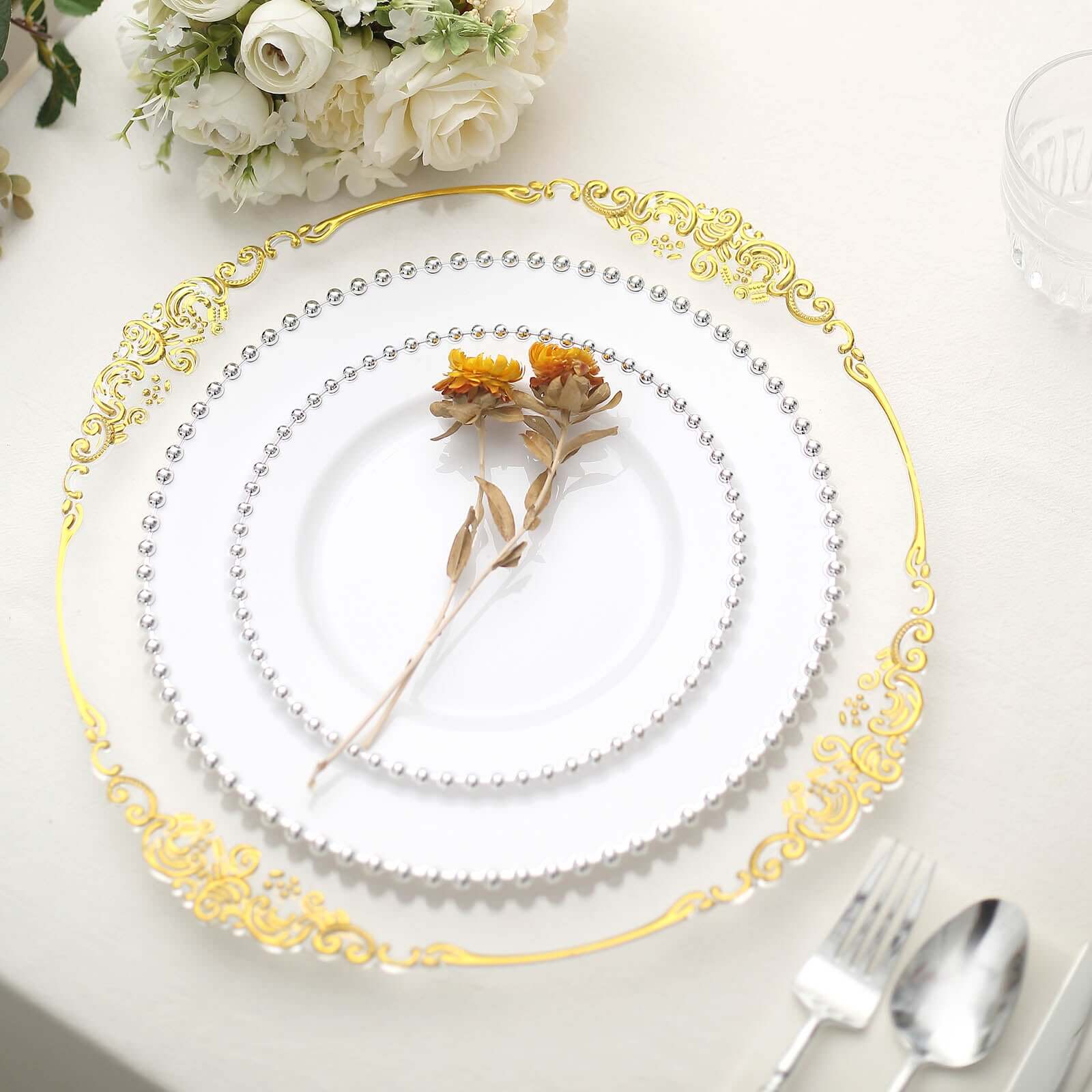10-Pack White Plastic Dessert Plates – 8" Round with Silver Beaded Rim, Disposable for Parties & Events