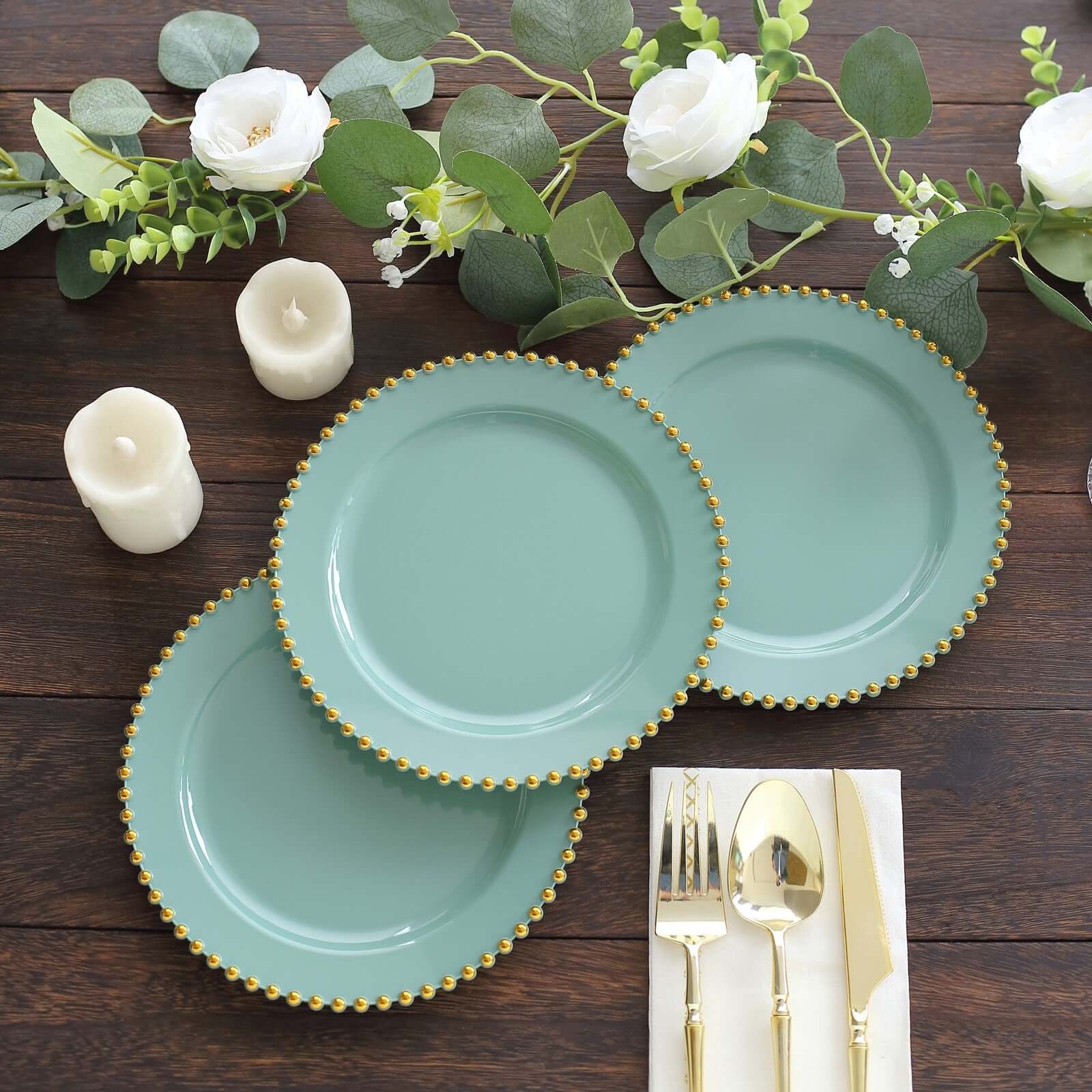 10-Pack Dusty Sage Green Plastic Dessert Plates – 8" Round with Gold Beaded Rim, Disposable for Parties & Events