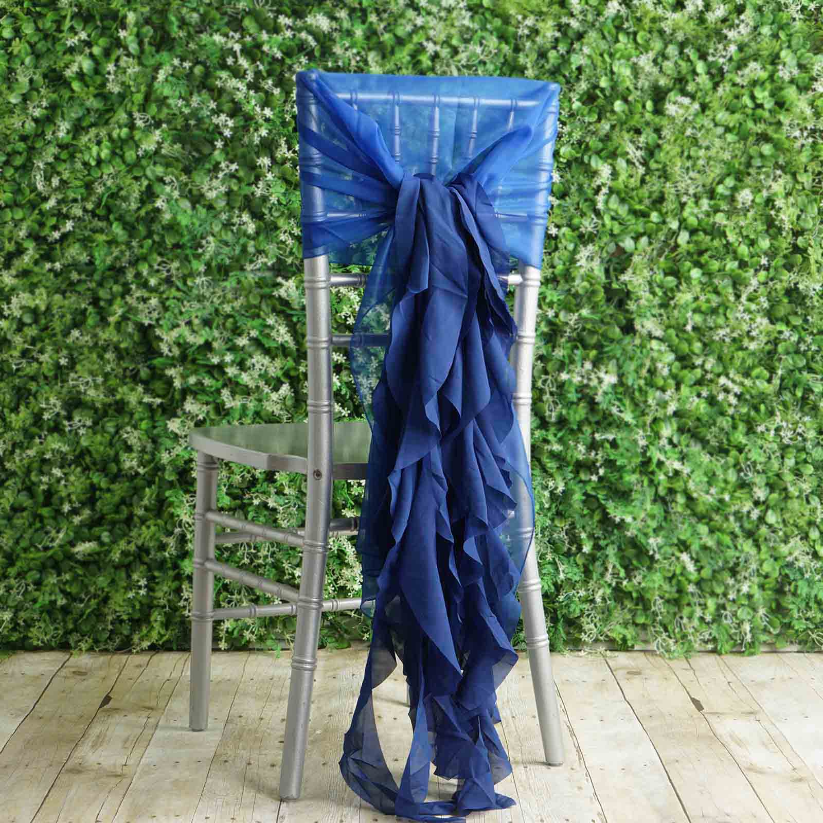 1 Set Chiffon Hoods Chair Sashes with Willow Ruffles Design Royal Blue - Stylish Chair Bow Decor