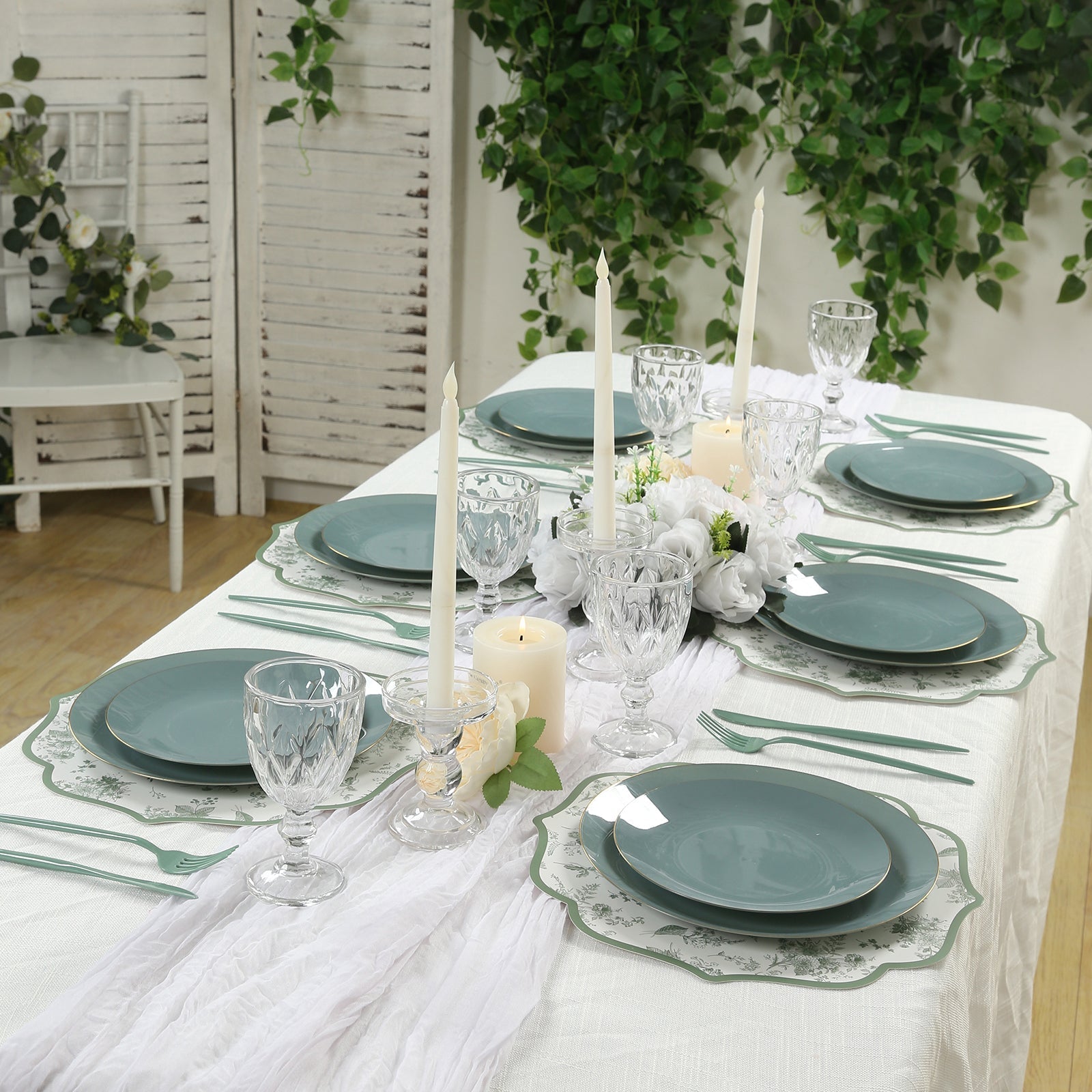 10 Pack Disposable Charger Plates White with Sage Green French Toile Pattern, 13" Cardboard Paper Placemats with Scalloped Rim