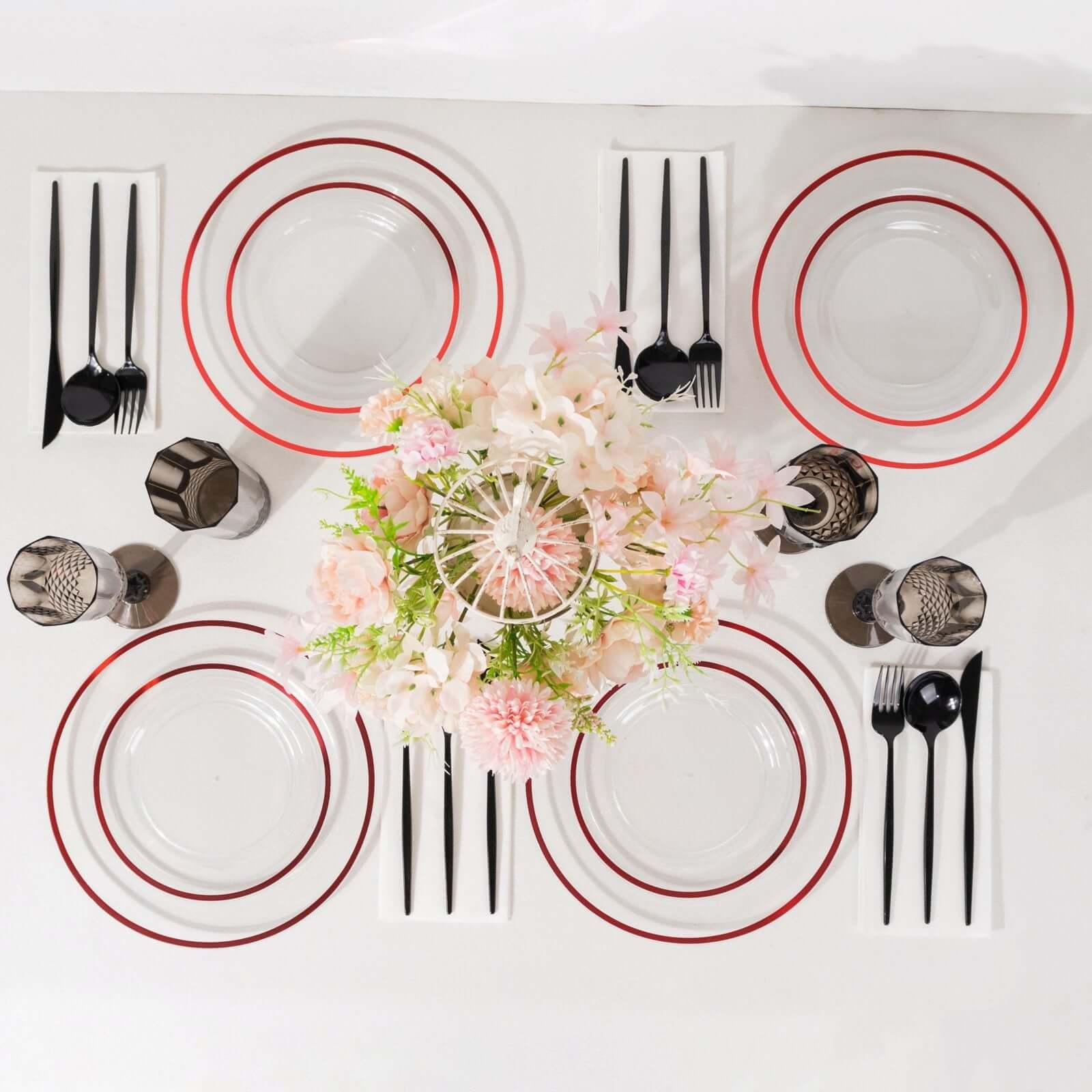 10-Pack Plastic 7" Round Appetizer Plates in Clear with Red Rim - Sleek Disposable Salad Plates for Banquets & Special Occasions