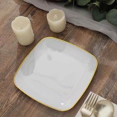 10-Pack Plastic 7" Square Dessert Plates in White with Gold Rim - Classy Disposable Appetizer Salad Plates for Weddings & Special Events