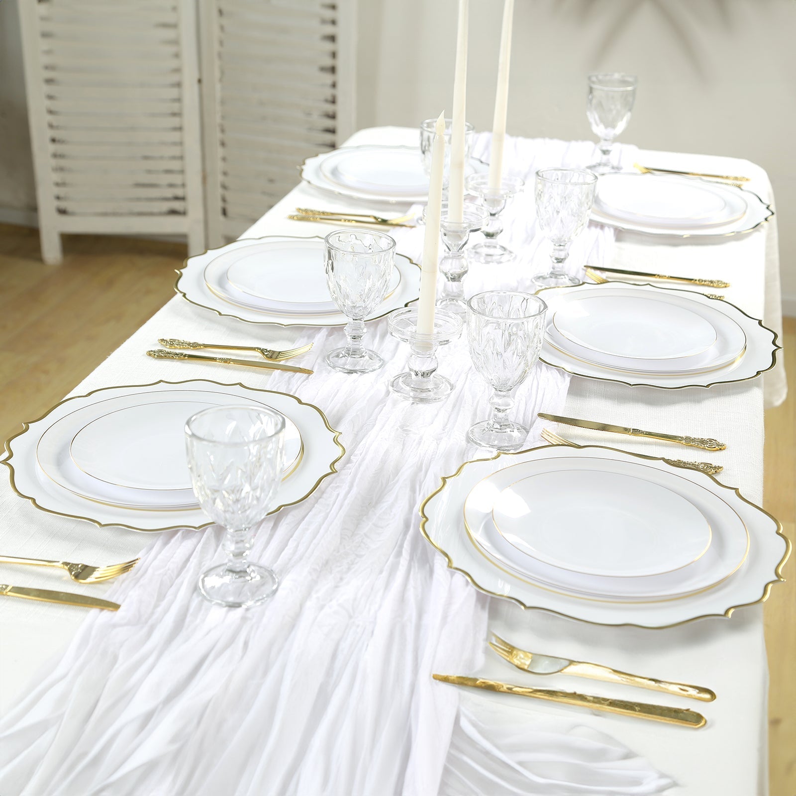 10-Pack Economy Plastic Round Charger Plates 13" in White with Gold Scalloped Rim, Decorative Dinner Party Serving Plates