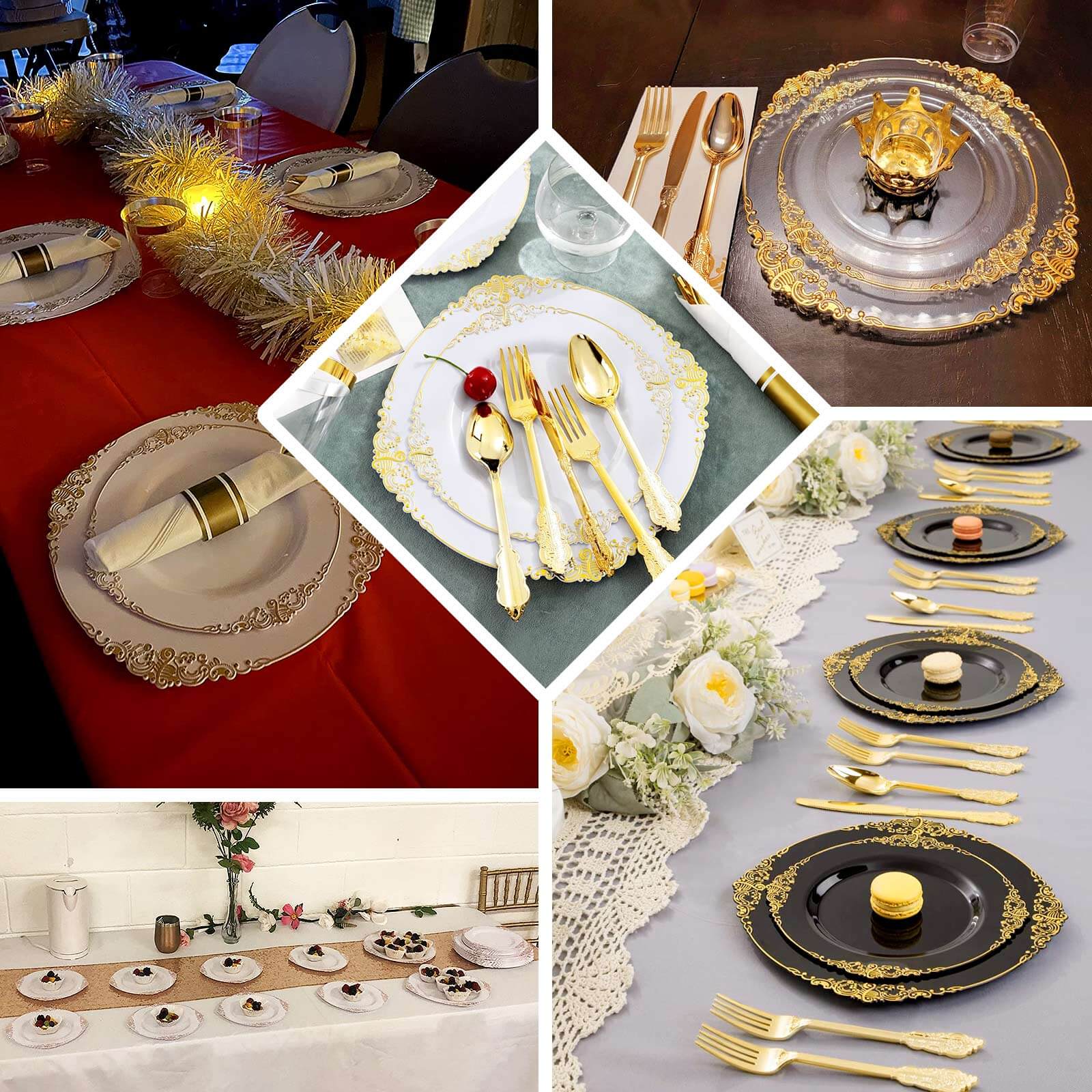 10-Pack Plastic 10" Round Dinner Plates in Clear with Silver Leaf Embossed Rim - Disposable Vintage Baroque Style Plates