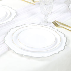 10-Pack Economy Plastic Round Charger Plates 13" in White with Silver Scalloped Rim, Decorative Dinner Party Serving Plates