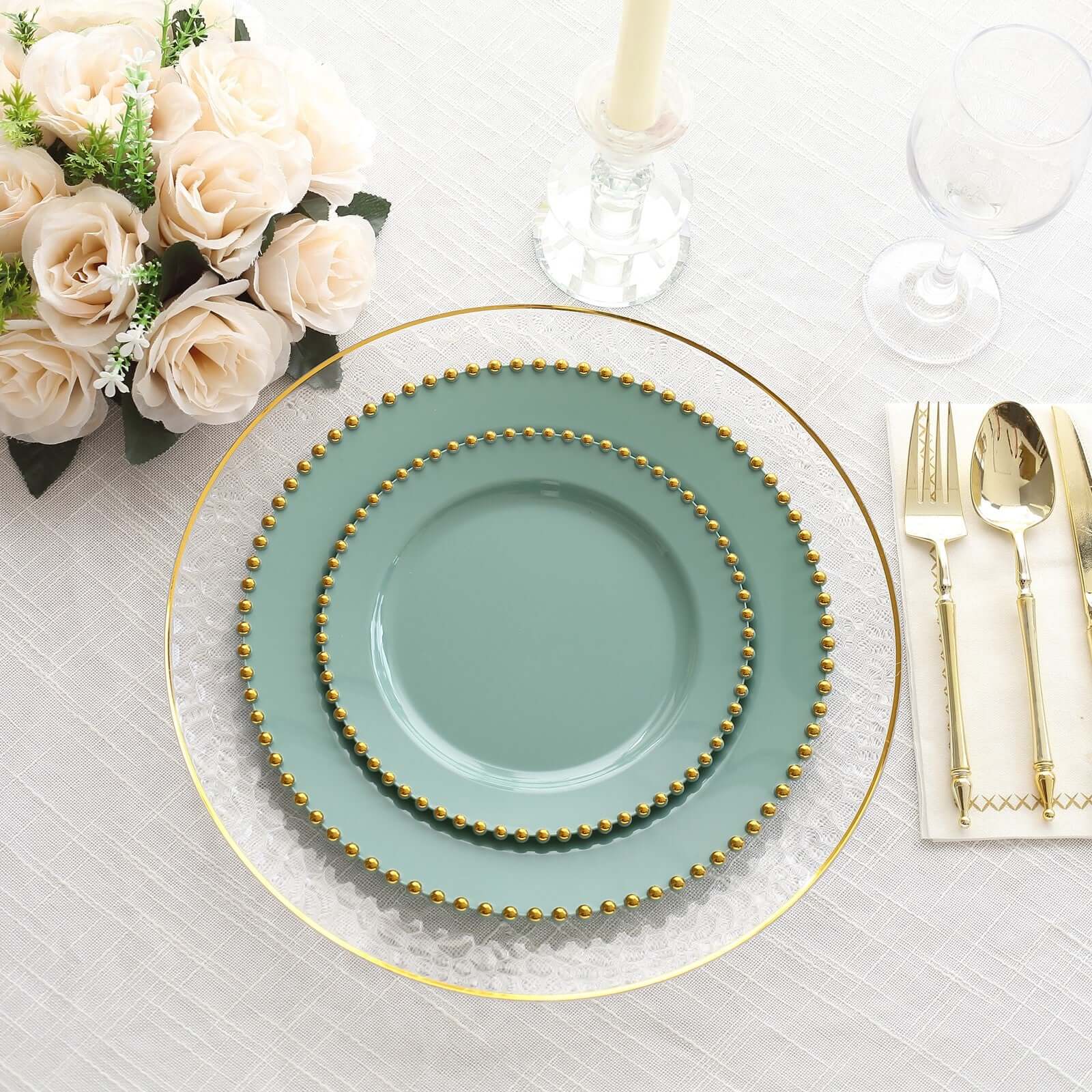10-Pack Plastic 10" Round Dinner Plates in Dusty Sage Green with Gold Beaded Rim - Disposable Party Plates for Banquets & Festive Occasions