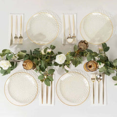 10-Pack Plastic 9" Round Dinner Plates in Clear Gold Glittered Hammered Design with Gold Rim - Modern Disposable Party Plates