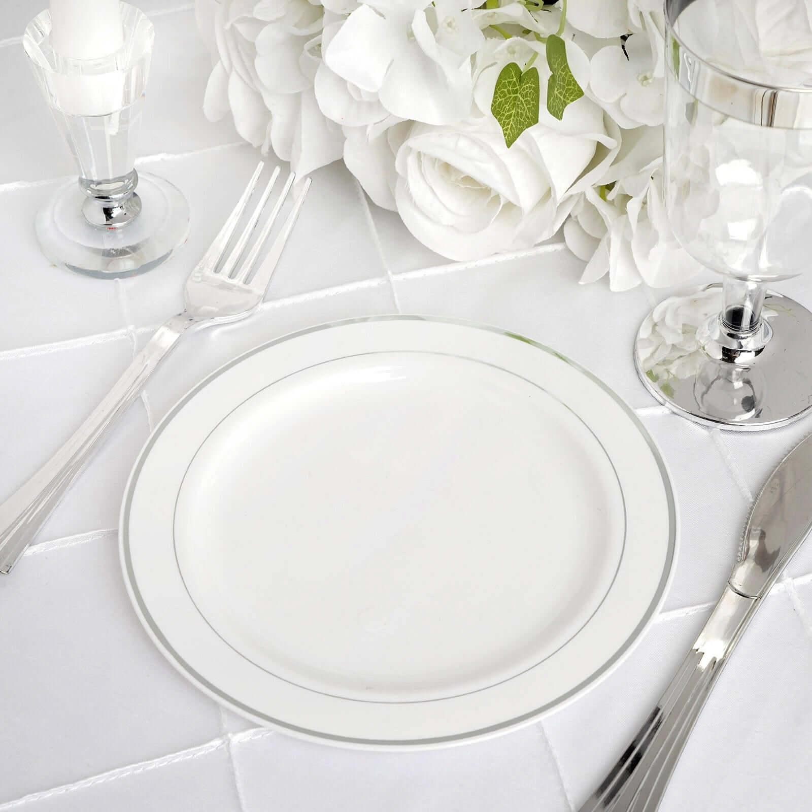 10-Pack Plastic Dessert Plates White with Très Chic Silver Rim - Disposable Plates for Appetizers 6"