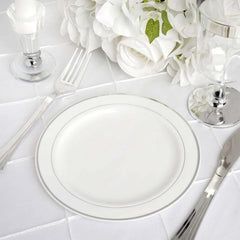 10-Pack Plastic Dessert Plates White with Très Chic Silver Rim - Disposable Plates for Appetizers 6"