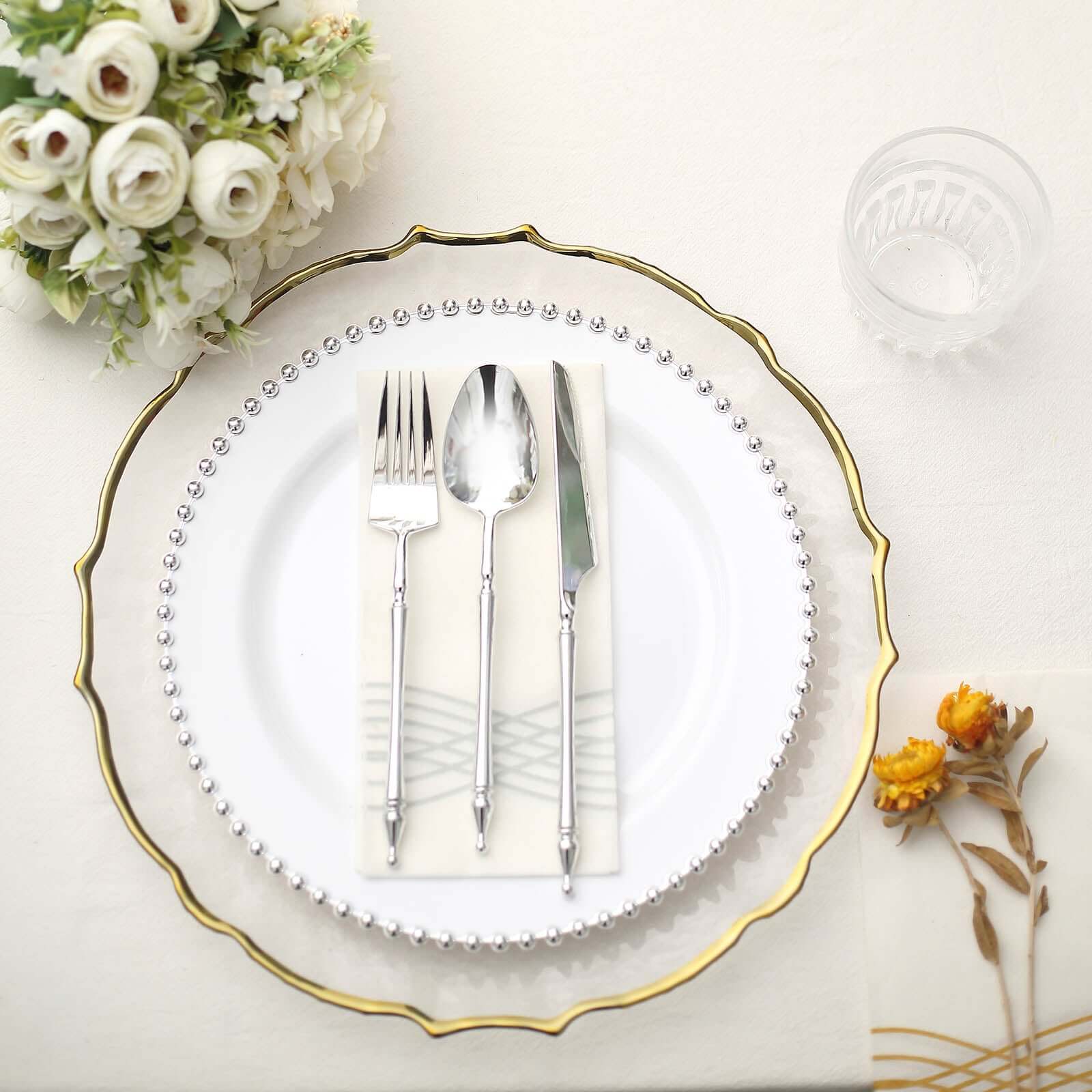 10-Pack Plastic 10" Round Dinner Plates in White with Silver Beaded Rim - Disposable Party Plates for Banquets & Festive Occasions