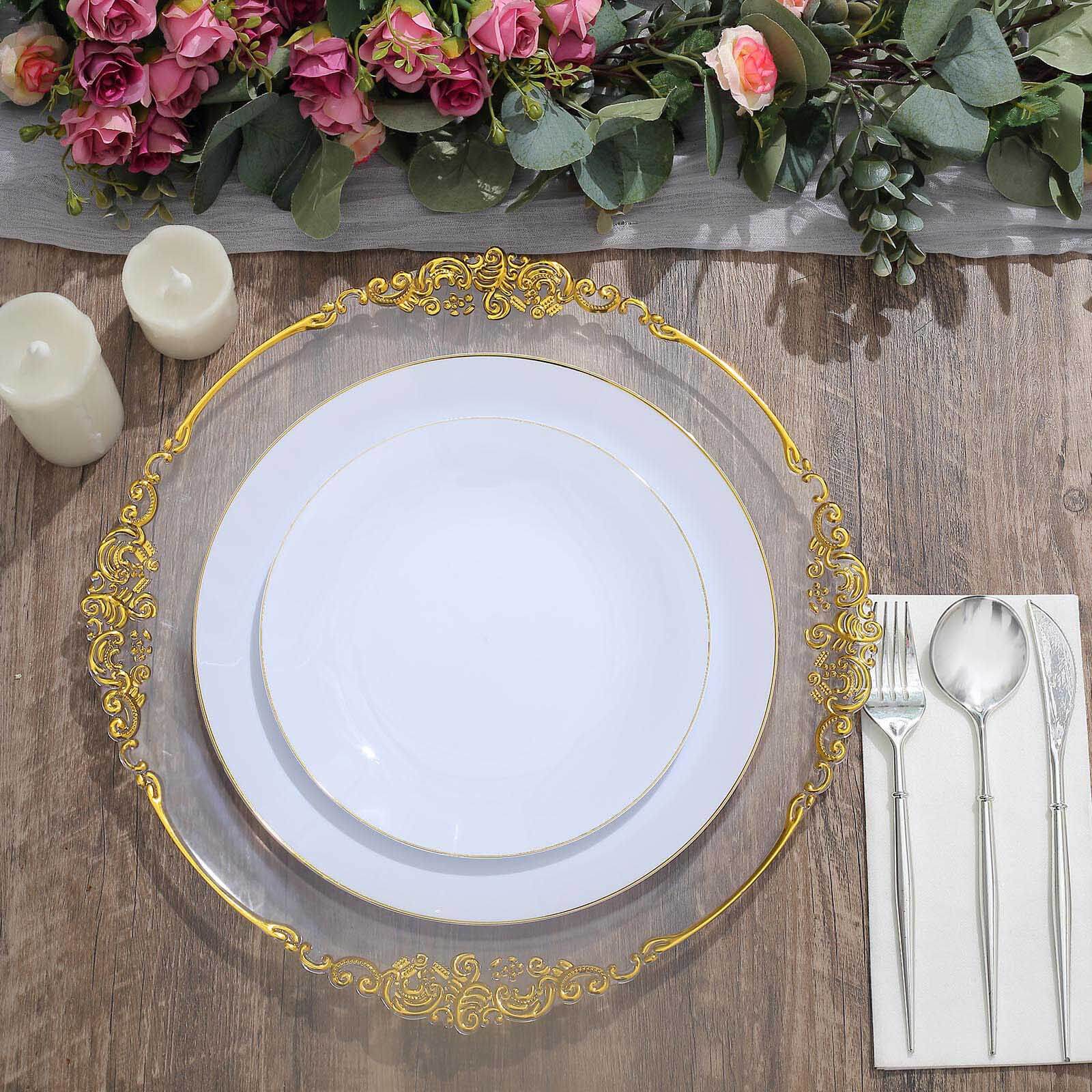 10-Pack Plastic 10" Round Dinner Plates in White with Gold Rim - Glossy Disposable Party Plates for Banquets & Special Occasions