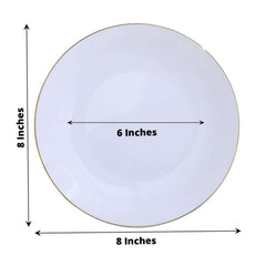 10-Pack Plastic 8" Round Dessert Plates in White with Gold Rim - Glossy Disposable Appetizer Salad Plates for Banquets & Special Occasions