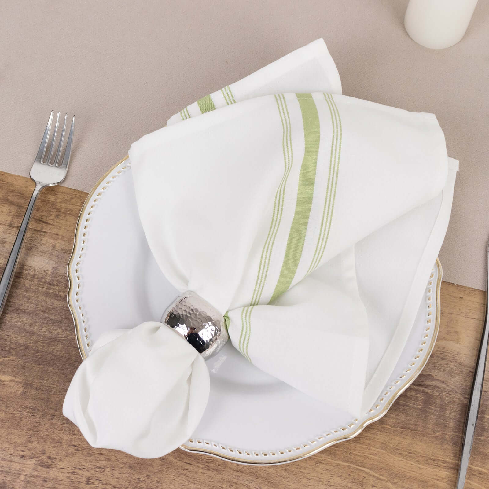 10 Pack Premium Spun Polyester 18"x22" Napkins White/Sage Green Bistro Style - Highly Absorbent Cotton-Like Feel Cloth Napkins