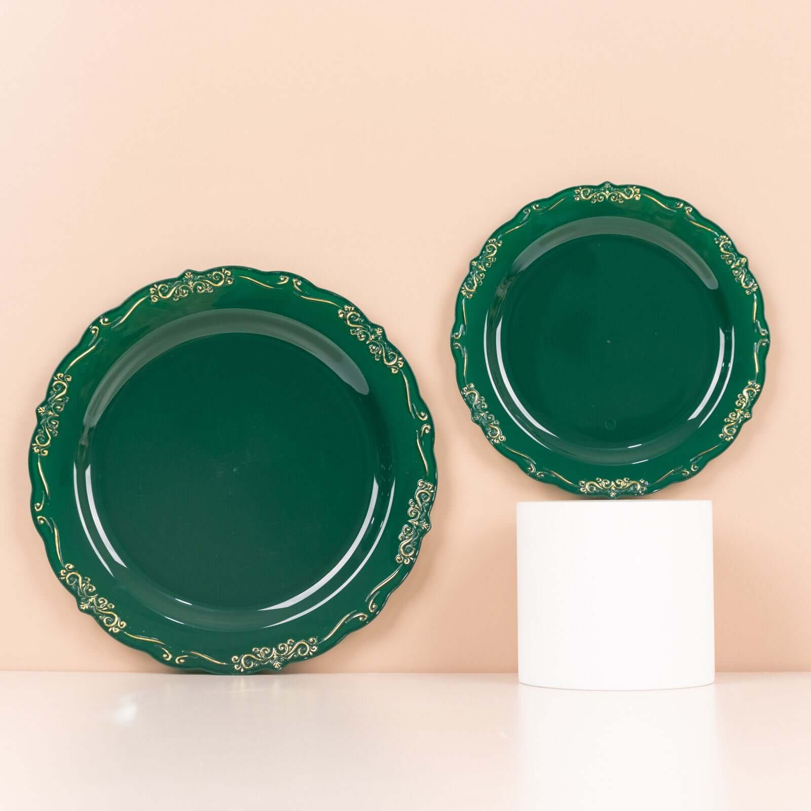 10-Pack Plastic 7" Round Dessert Plates in Hunter Emerald Green with Gold Vintage Embossed Rim - Sturdy Disposable Scalloped Edge Salad Plates
