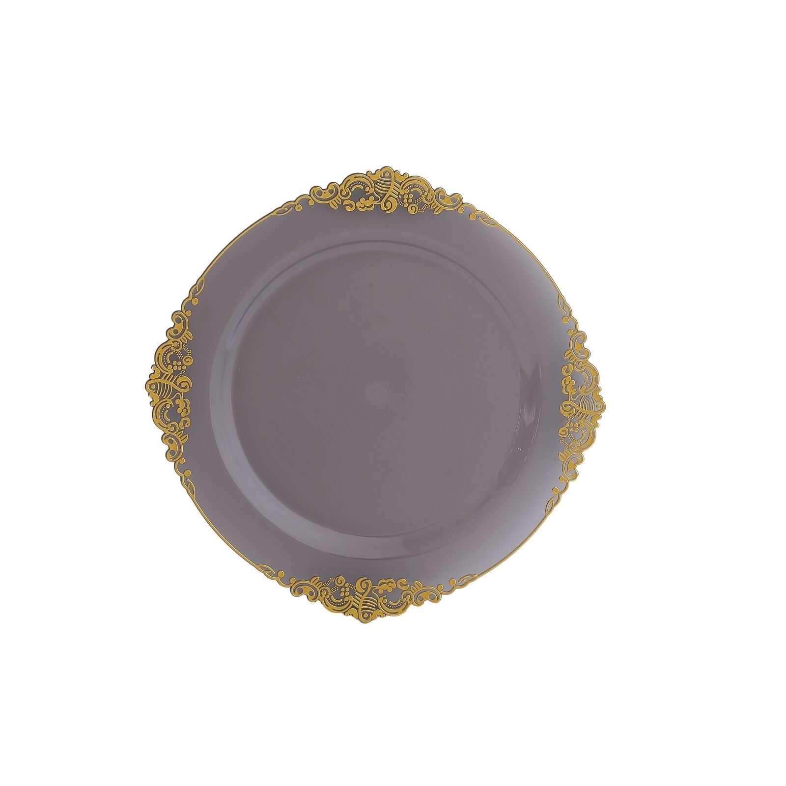 10-Pack Plastic 10" Round Dinner Plates in Transparent Black with Gold Leaf Embossed Rim - Disposable Vintage Baroque Style Plates