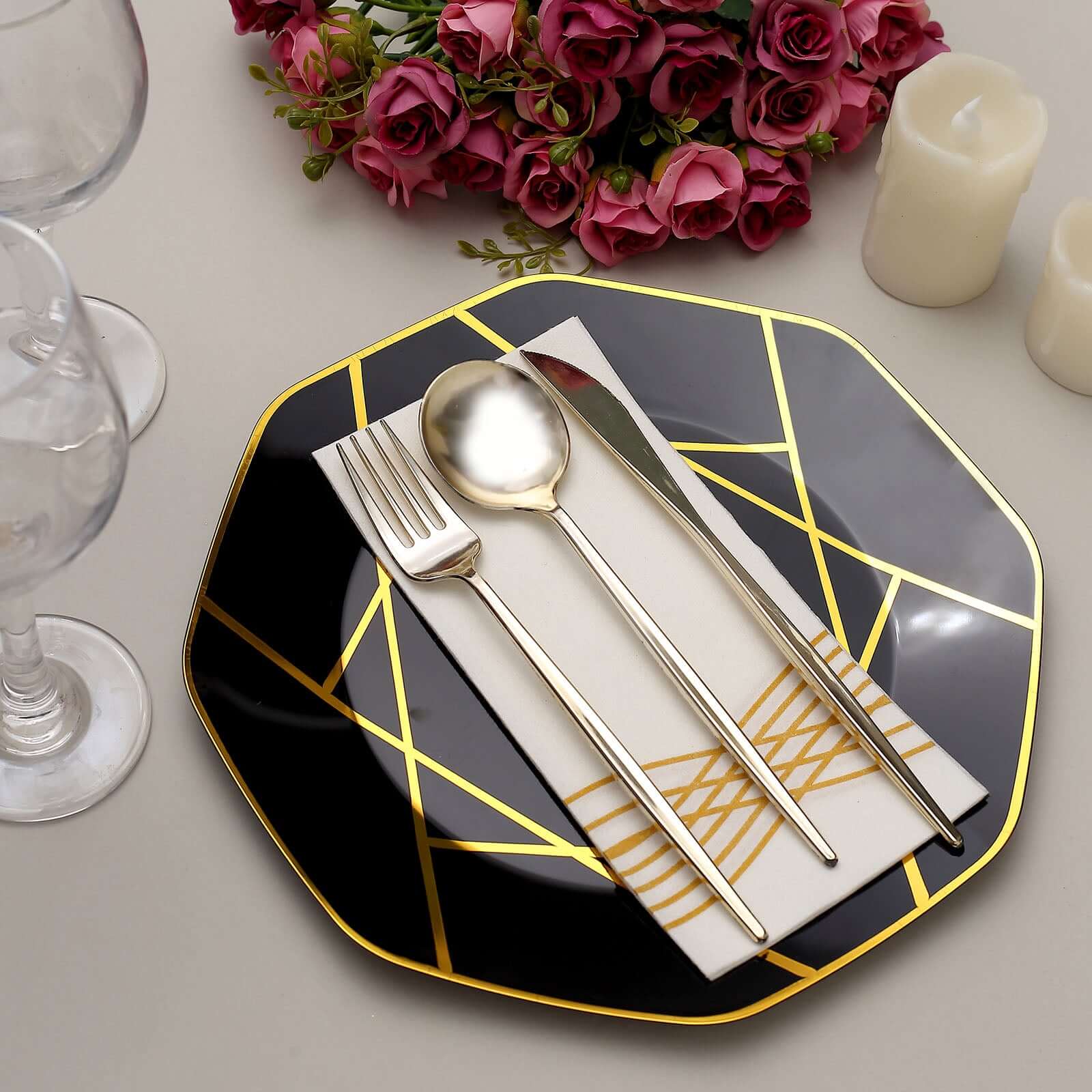 10-Pack Plastic 10" Octagon Dinner Plates in Black - Modern Disposable Party Plates with Gold Geometric Design for Special Occasions & Celebrations