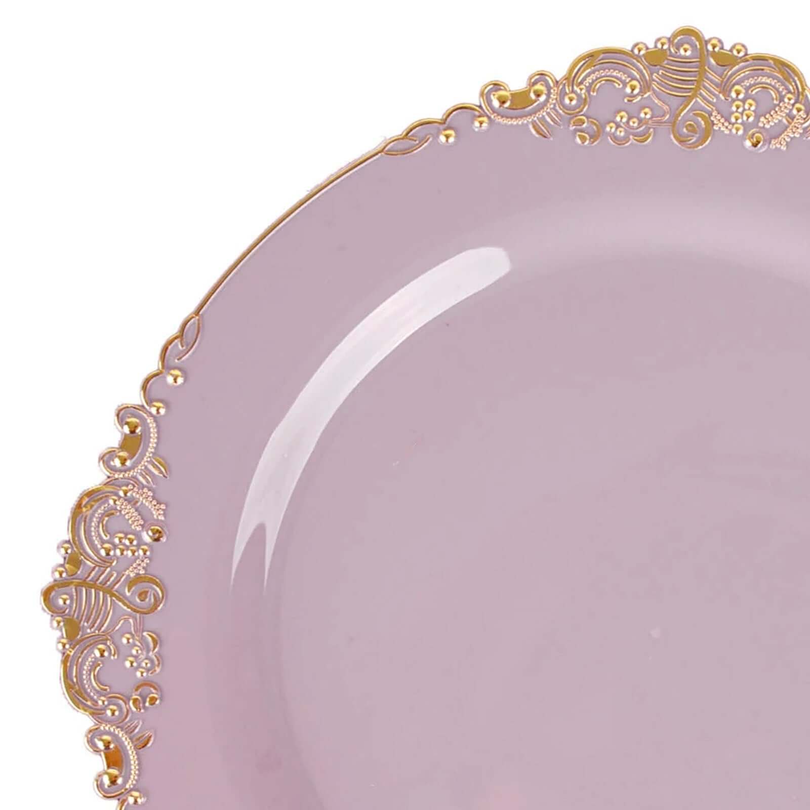 10-Pack Plastic 10" Round Dinner Plates in Lavender Lilac with Gold Leaf Embossed Rim - Disposable Vintage Baroque Style Plates