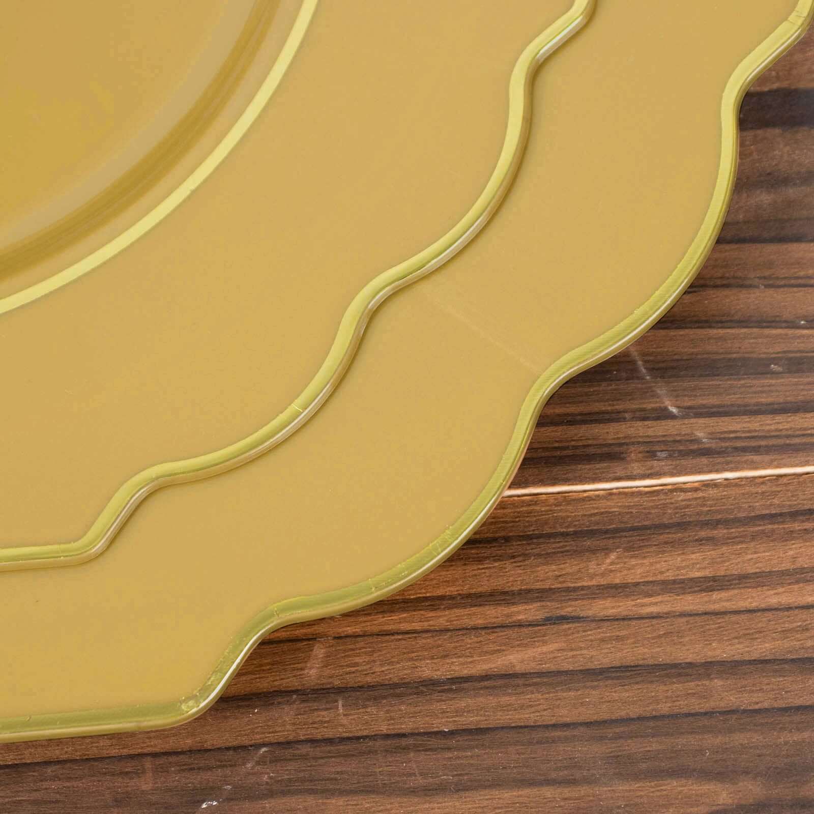 10-Pack Plastic Dessert Appetizer Plates in Gold Baroque Design with Scalloped Gold Rim - Heavy Duty Disposable Salad Plates 8"
