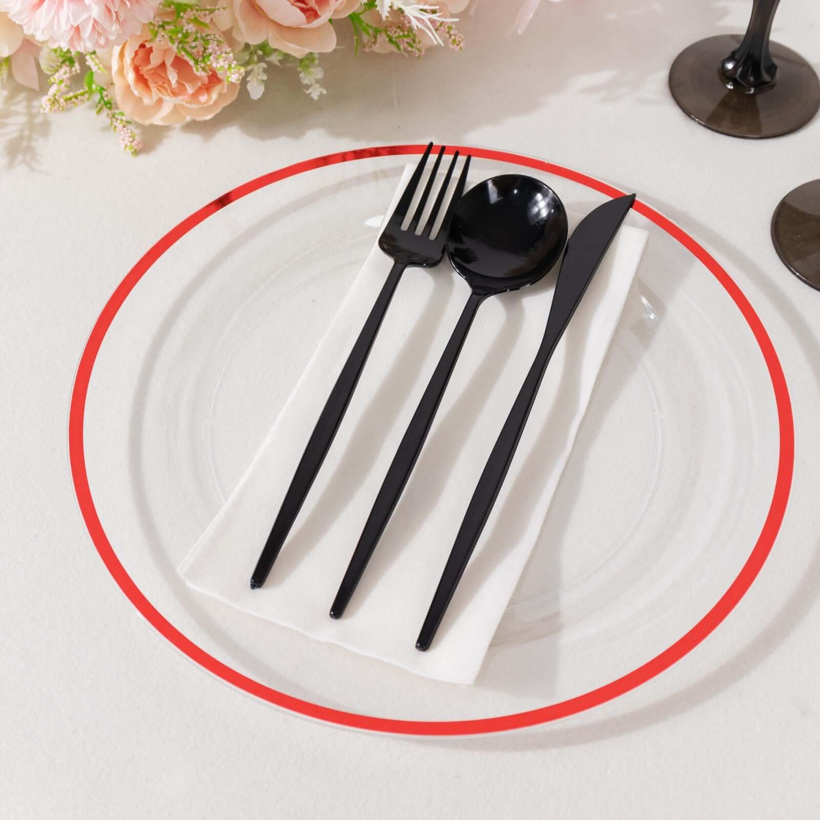 10-Pack Plastic 10" Round Dinner Plates in Clear with Red Rim - Disposable Party Plates for Classy Banquets & Special Occasions