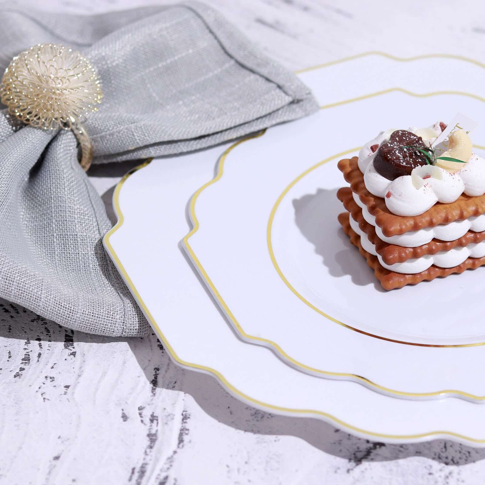 10-Pack Plastic Dinner Plates in White Baroque Design with Scalloped Gold Rim - Heavy Duty Disposable Party Plates for Events & Banquets 11"