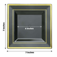 10-Pack Plastic Salad Dessert Plates Black Square with Gold Trim - Durable Disposable Appetizer Plates 7"