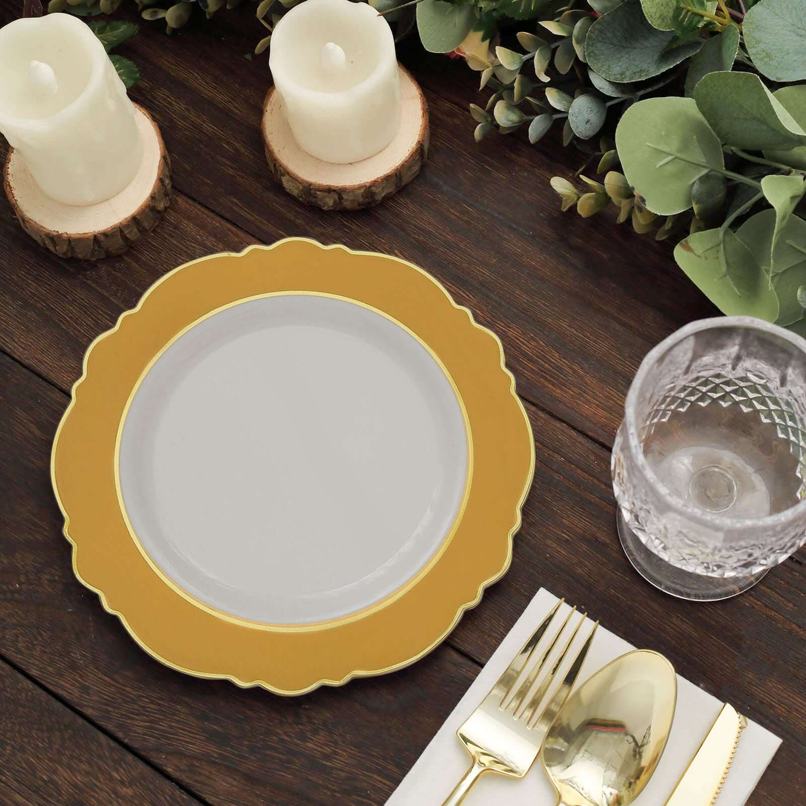10-Pack Plastic 8" Round Dessert Plates in White with Gold Blossom Design & Gold Edging - Disposable Salad Appetizer Plates for Modern & Classy Table Decor