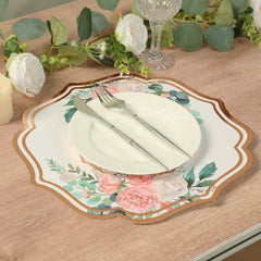 10-Pack Disposable Table Placemats in White with Peony Flowers Print & Rose Gold 13"