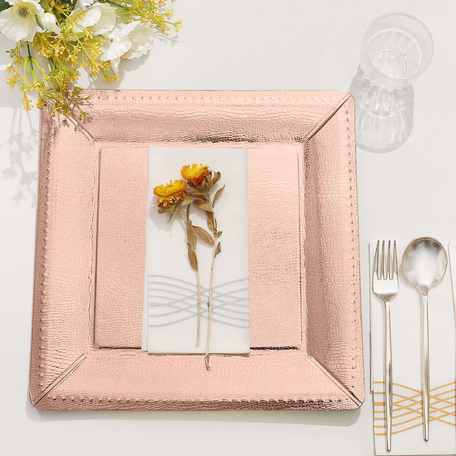 10-Pack Disposable Square Charger Plates in Rose Gold with Leather Like Texture - 1100GSM Durable Paper Chargers for Sophisticated Events 13"