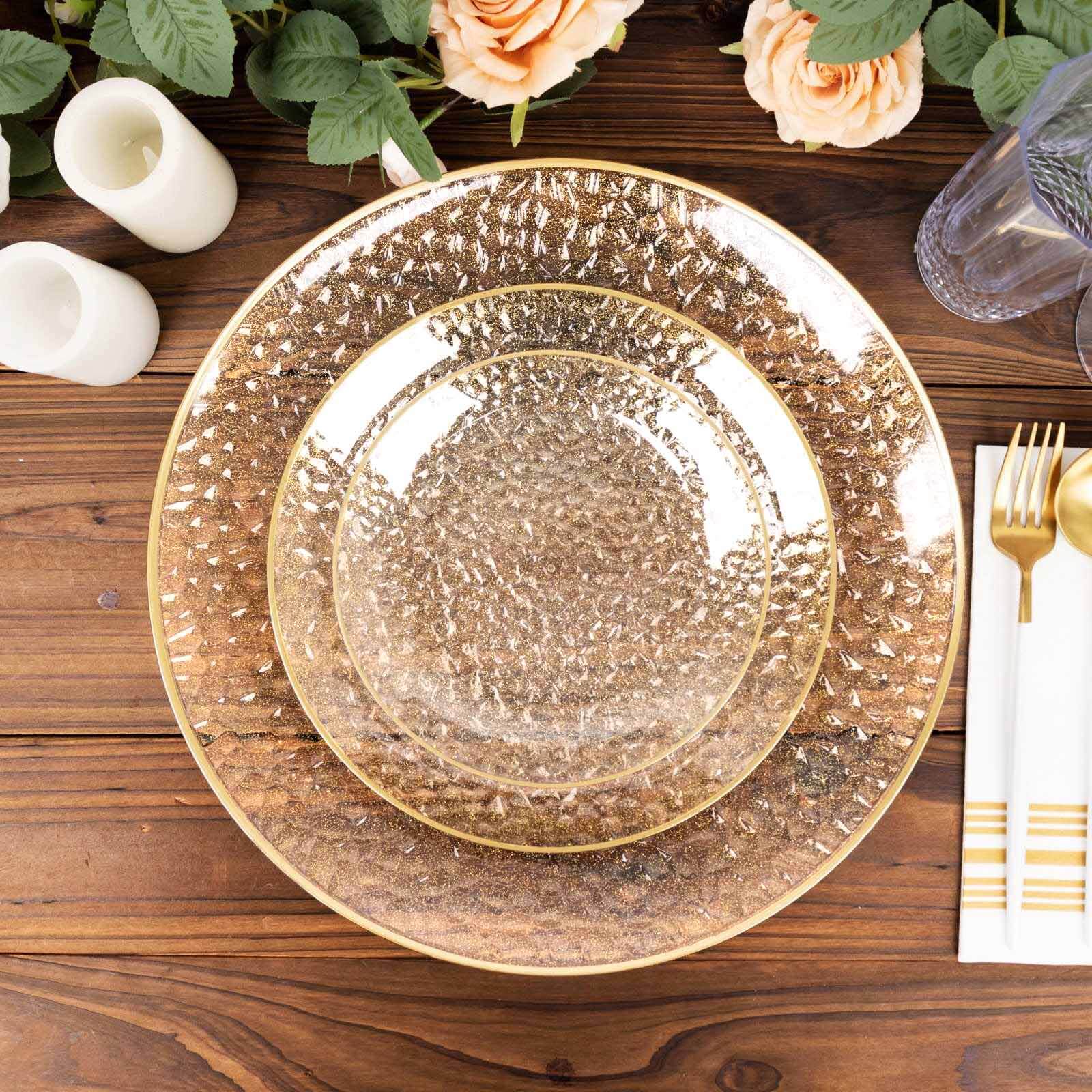 10-Pack Plastic 9" Round Dinner Plates in Clear Gold Glittered Hammered Design with Gold Rim - Modern Disposable Party Plates