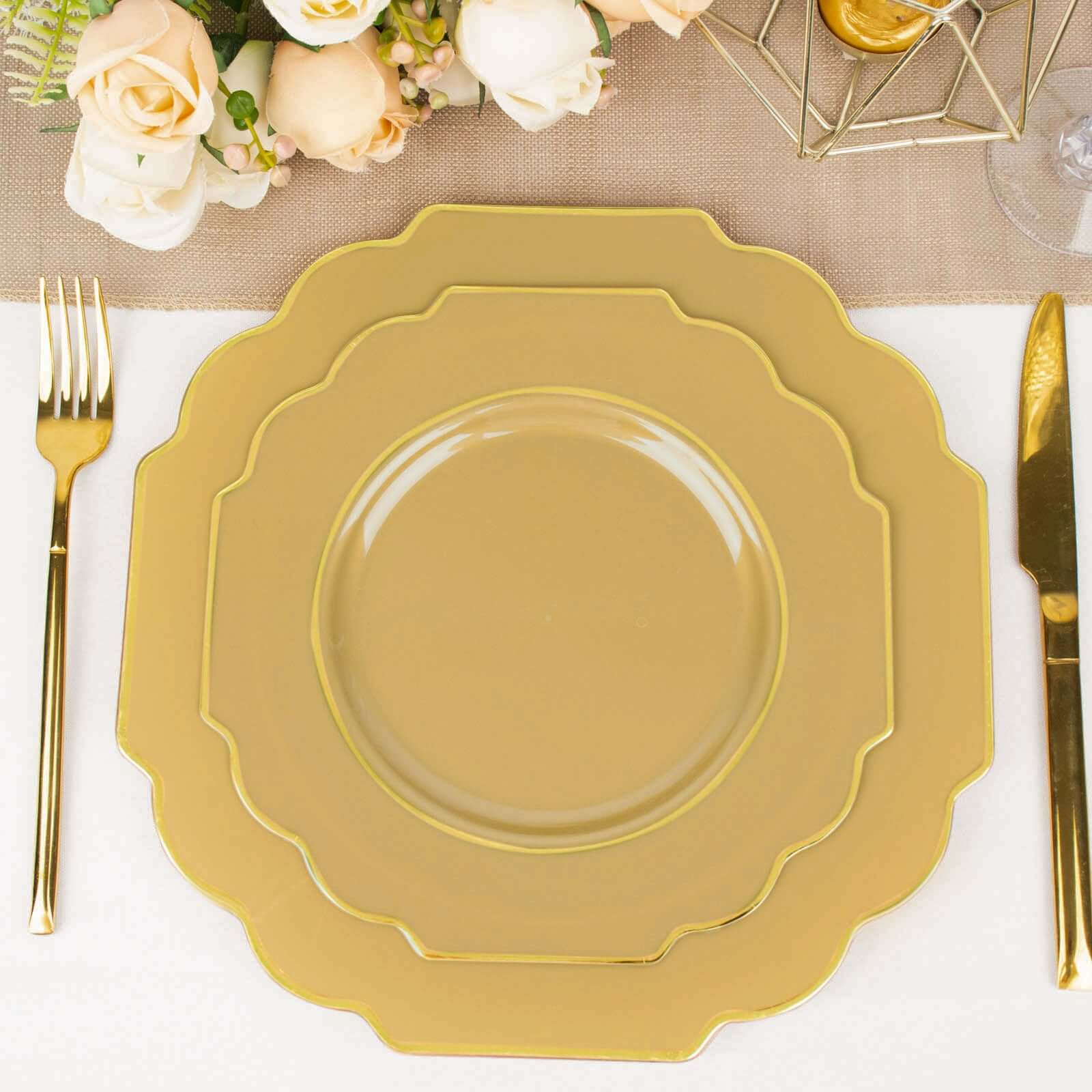 10-Pack Plastic Dessert Appetizer Plates in Gold Baroque Design with Scalloped Gold Rim - Heavy Duty Disposable Salad Plates 8"