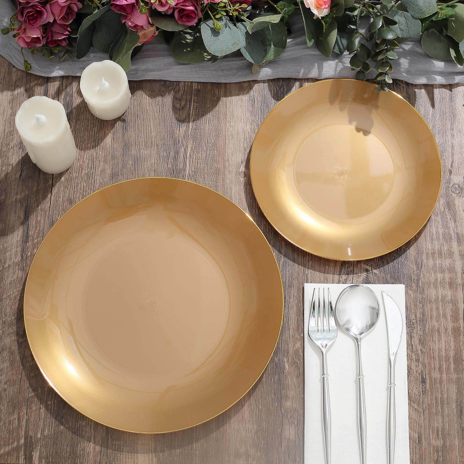 10-Pack Plastic 8" Round Dessert Plates in Gold with Gold Rim - Glossy Disposable Appetizer Salad Plates