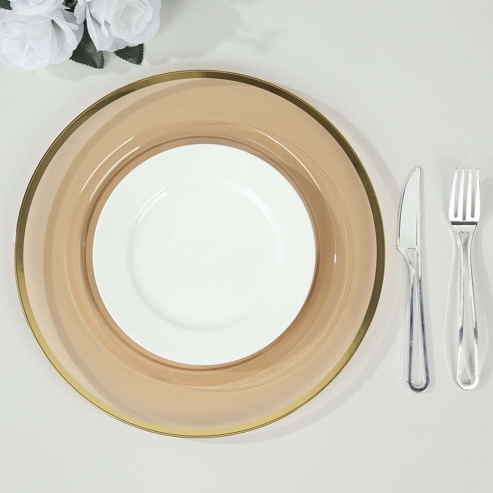 10-Pack Economy Plastic Round Charger Plates 12" in Transparent Amber Gold with Wide Gold Rim, Decorative Dinner Party Serving Plates