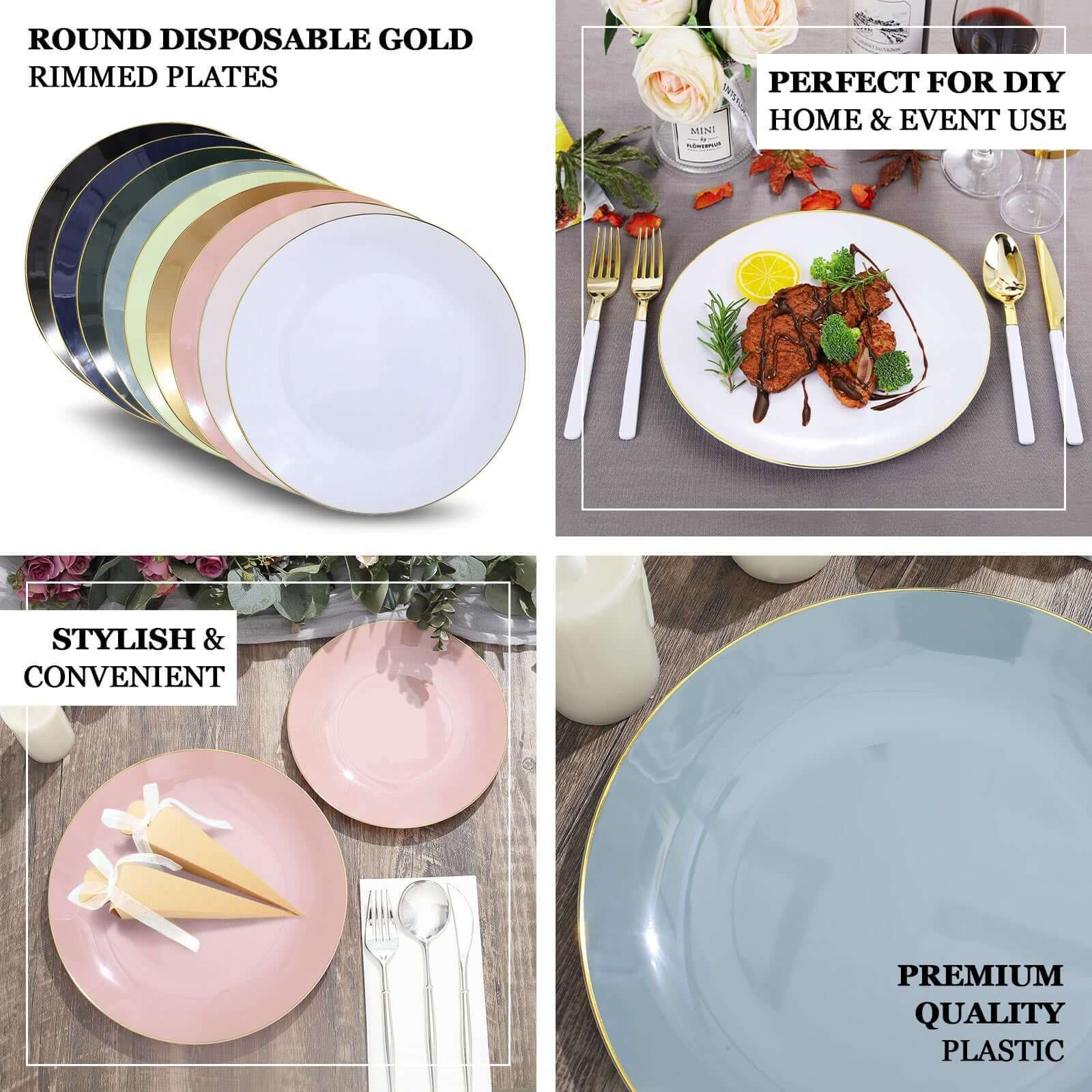 10-Pack Plastic 8" Round Dessert Plates in Gold with Gold Rim - Glossy Disposable Appetizer Salad Plates