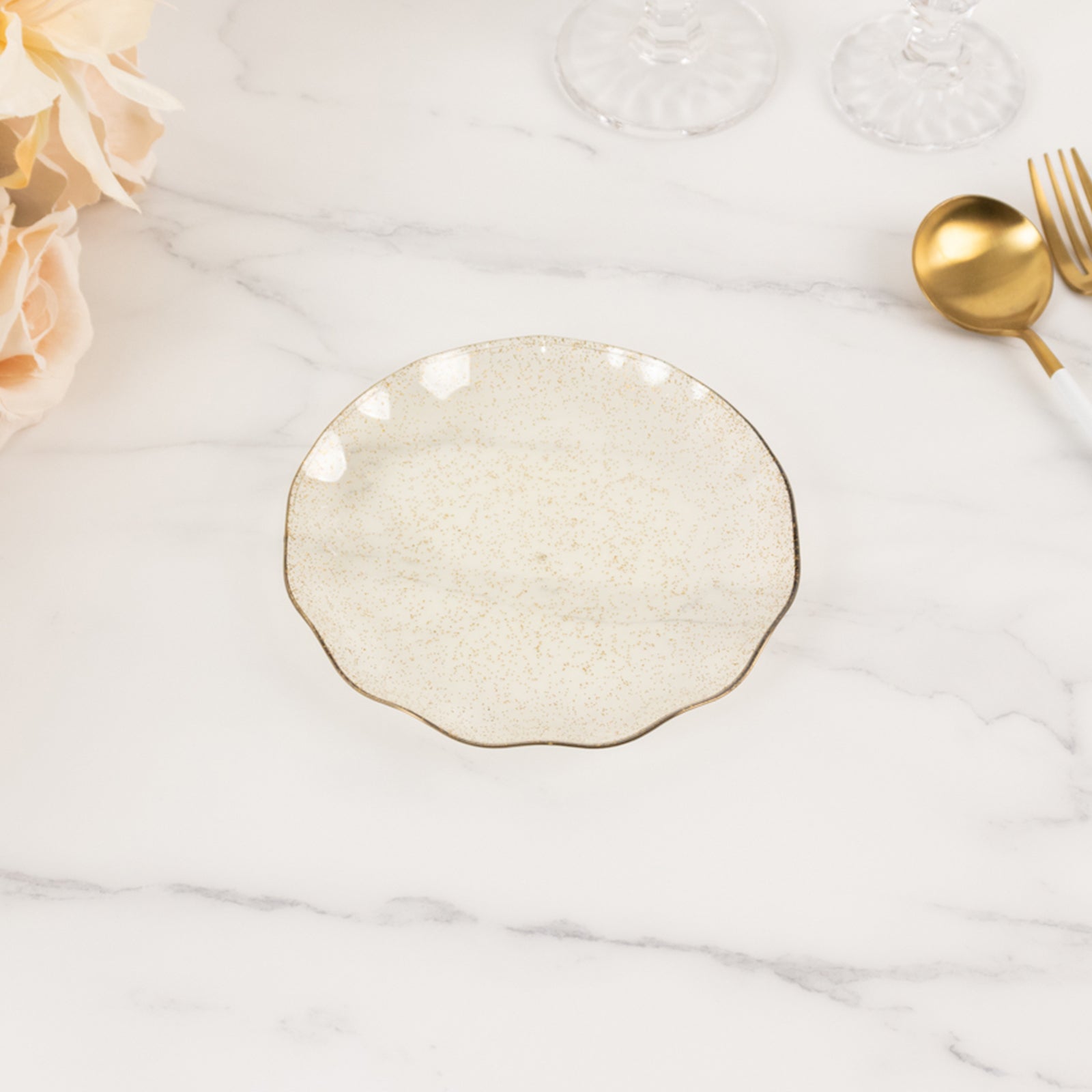 10-Pack Plastic Round 6" Dessert Plates in Gold Glitter with Ruffled Rim - Transparent Sturdy Disposable Salad Appetizer Dinnerware