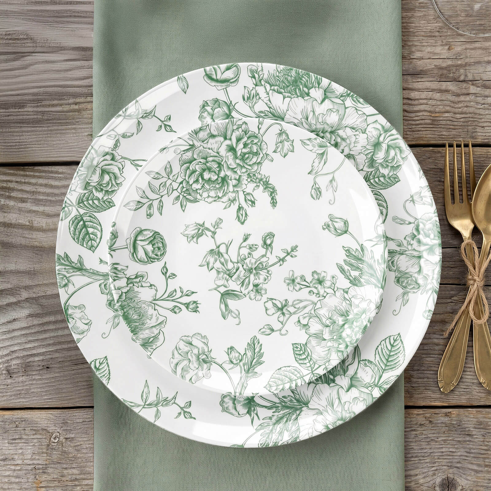 10-Pack French Toile Plastic Salad Plates – Sage Green & White Floral, 7" Round Disposable Dessert Plates