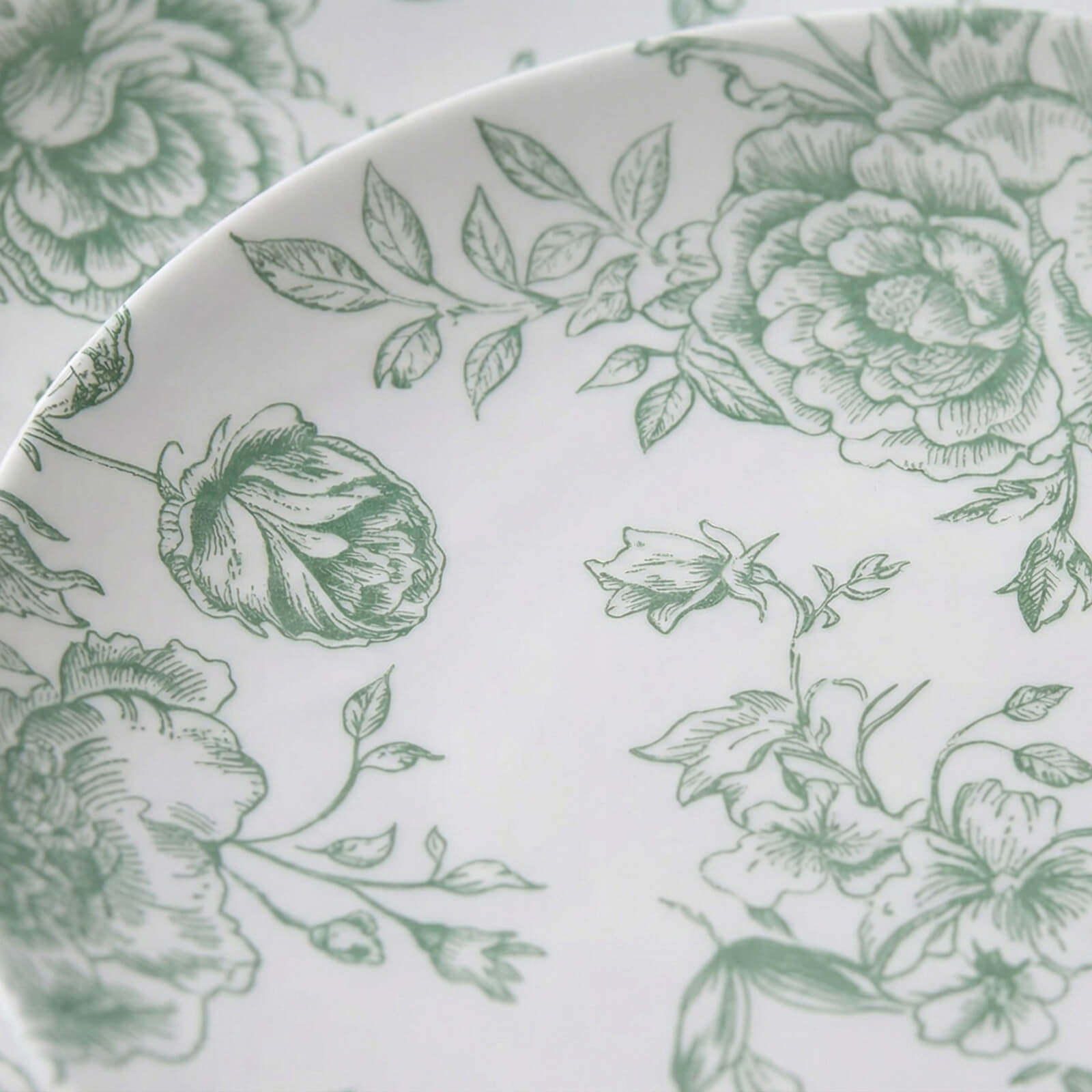 10-Pack French Toile Plastic Salad Plates – Sage Green & White Floral, 7" Round Disposable Dessert Plates