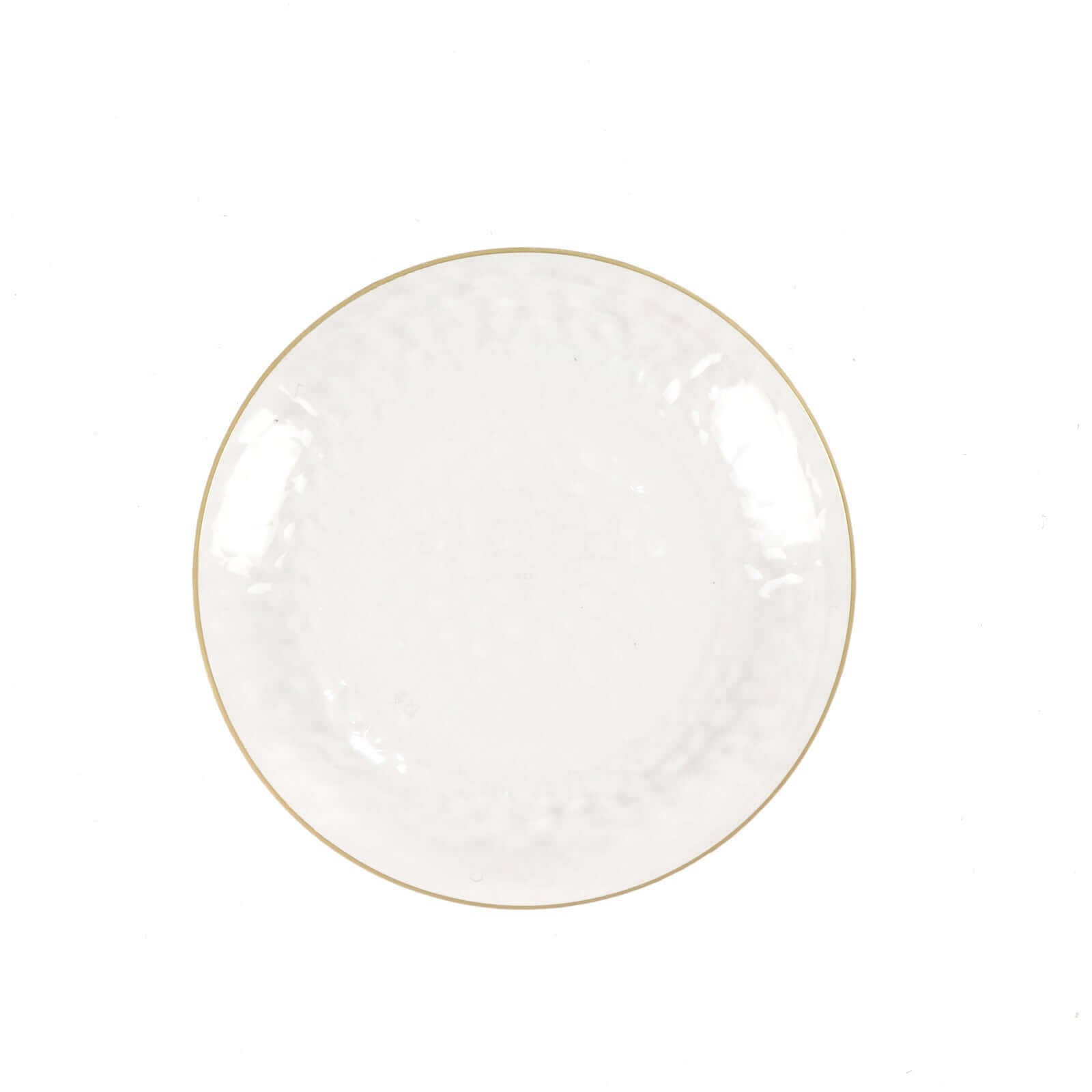 10-Pack Plastic 7" Round Dessert Appetizer Plates in Clear Hammered Design with Gold Rim - Modern Disposable Salad Plates