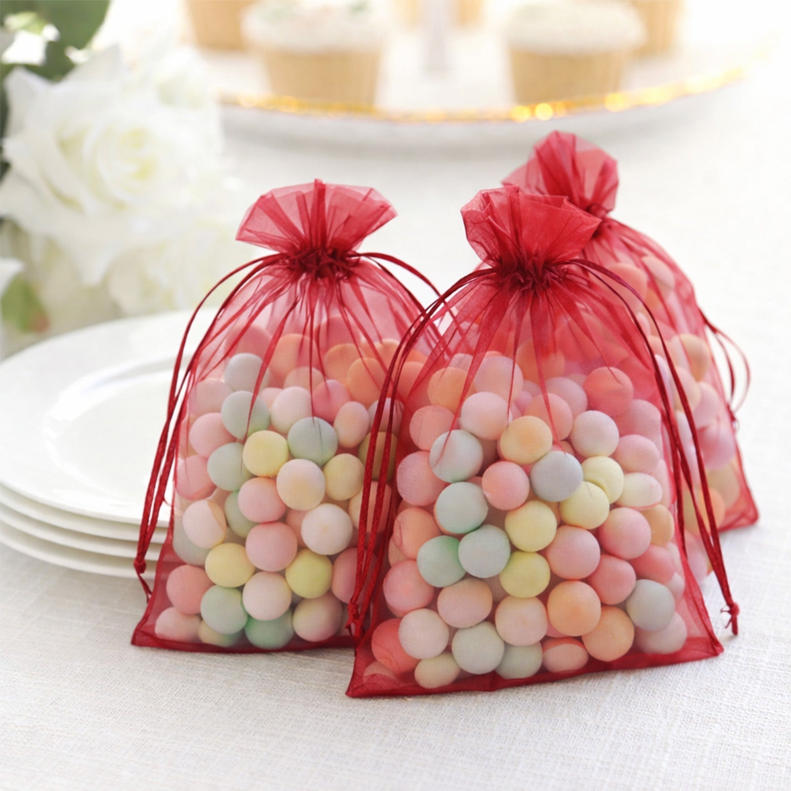 100 Pack Burgundy Organza Gift Bags with Drawstring, 5" x 7" – Wedding Party Favor Bags