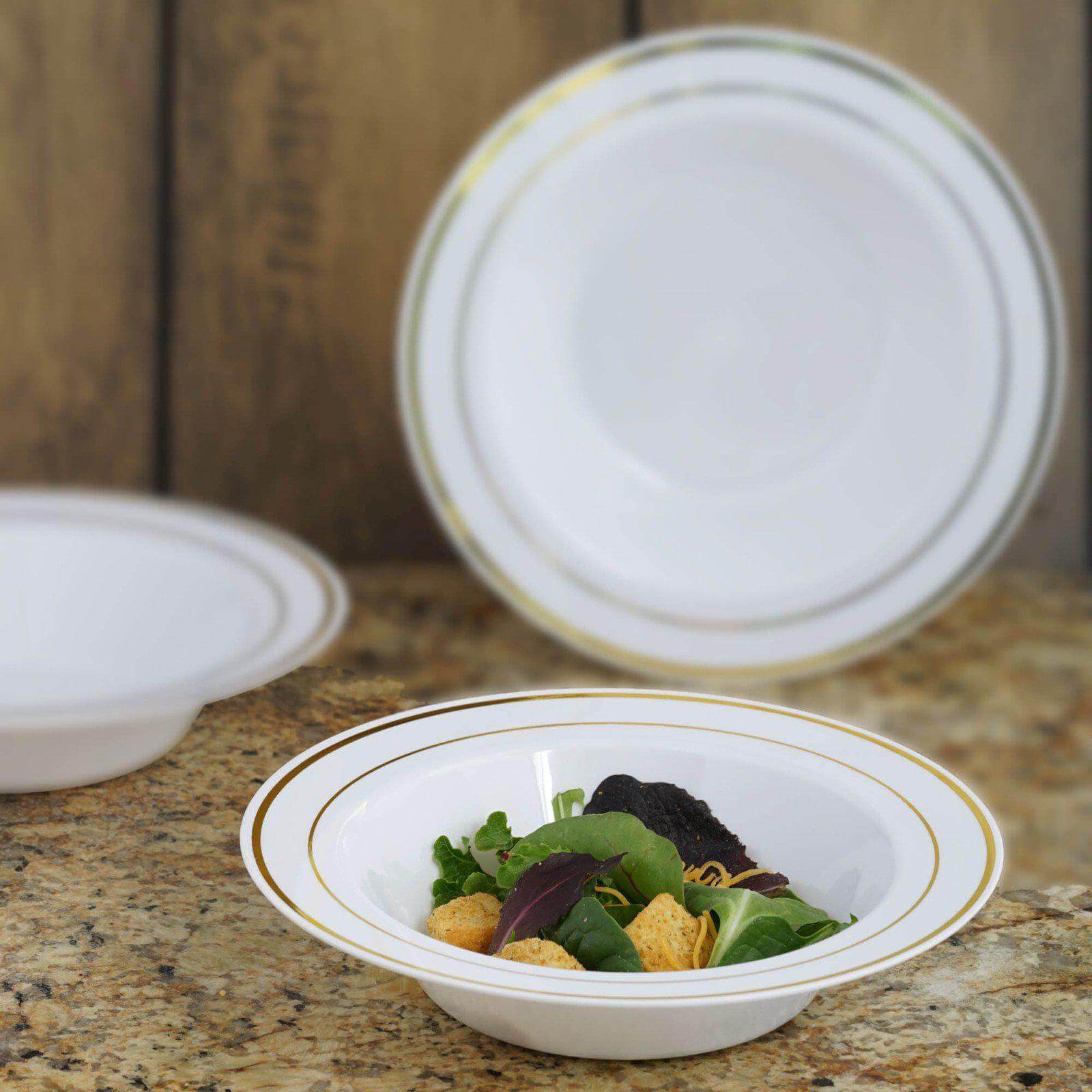 10-Pack Plastic Soup Bowls White with Gold Rim - Stylish Disposable Bowls for Parties 12oz