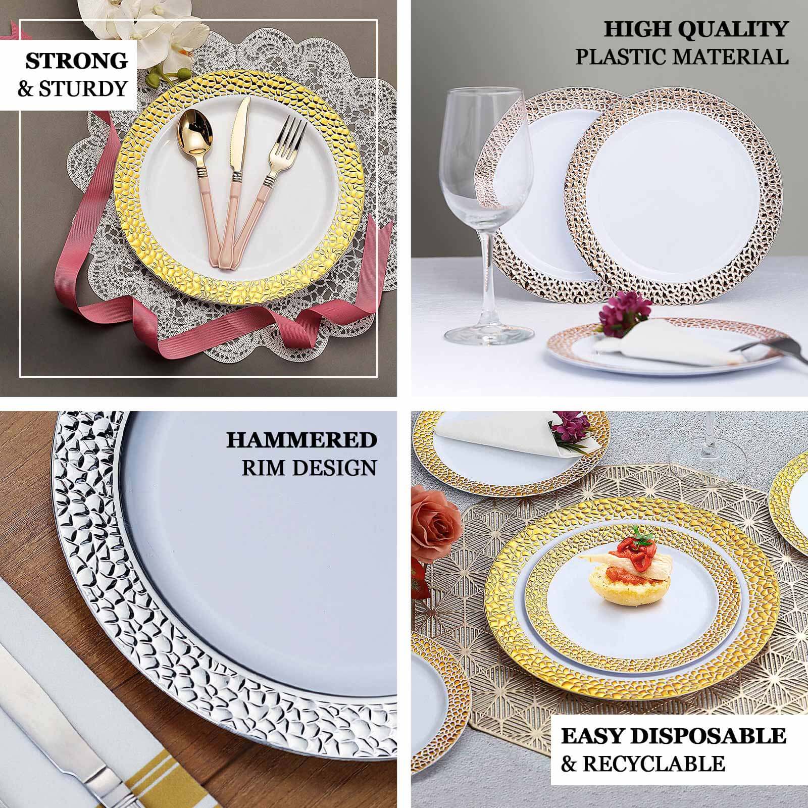 10-Pack Plastic 7.5" Round Appetizer Plates in Clear Hammered Design with Gold Rim - Disposable Salad Plates for Chic Banquets & Special Occasions