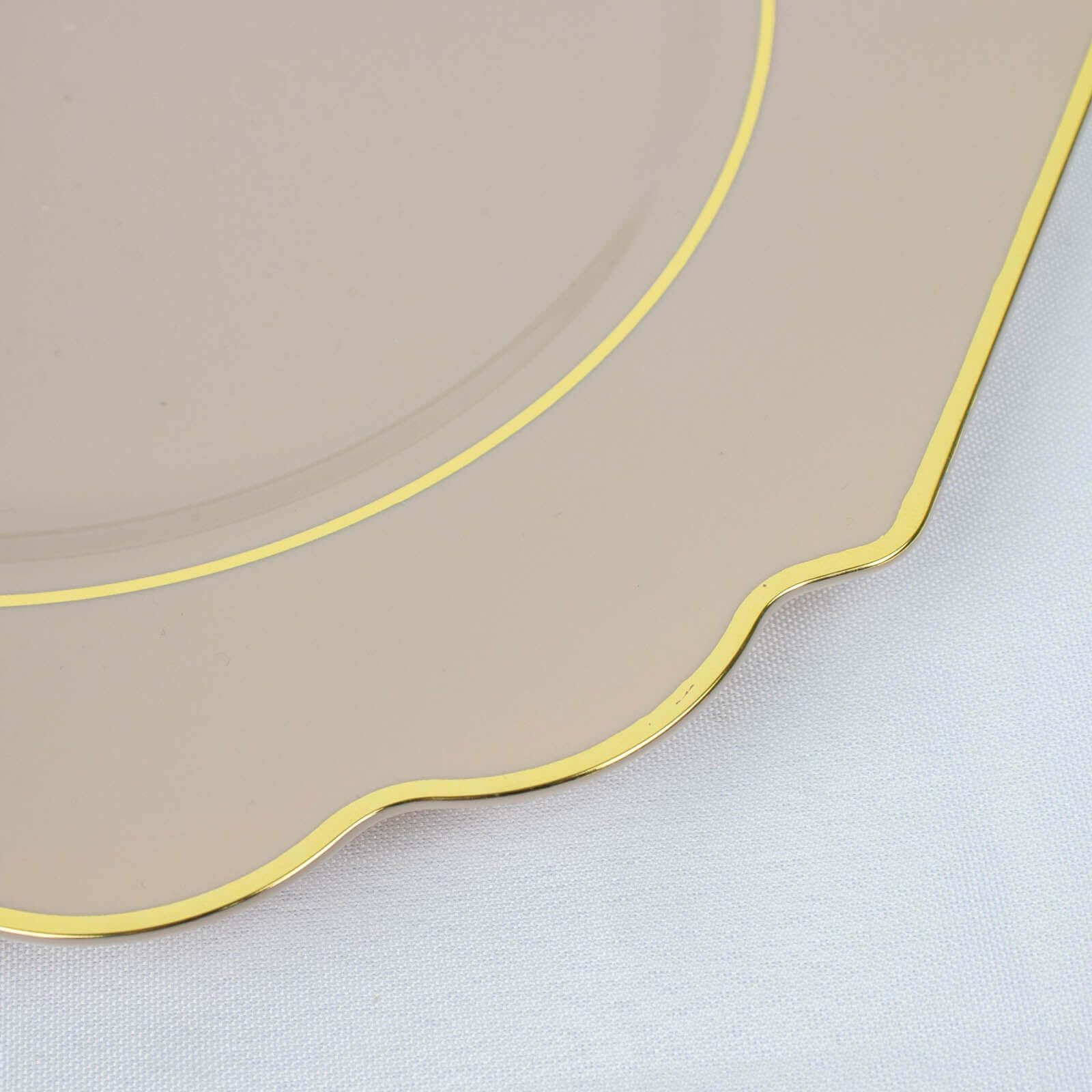 10-Pack Plastic Dessert Appetizer Plates in Taupe Baroque Design with Scalloped Gold Rim - Heavy Duty Disposable Salad Plates 8"