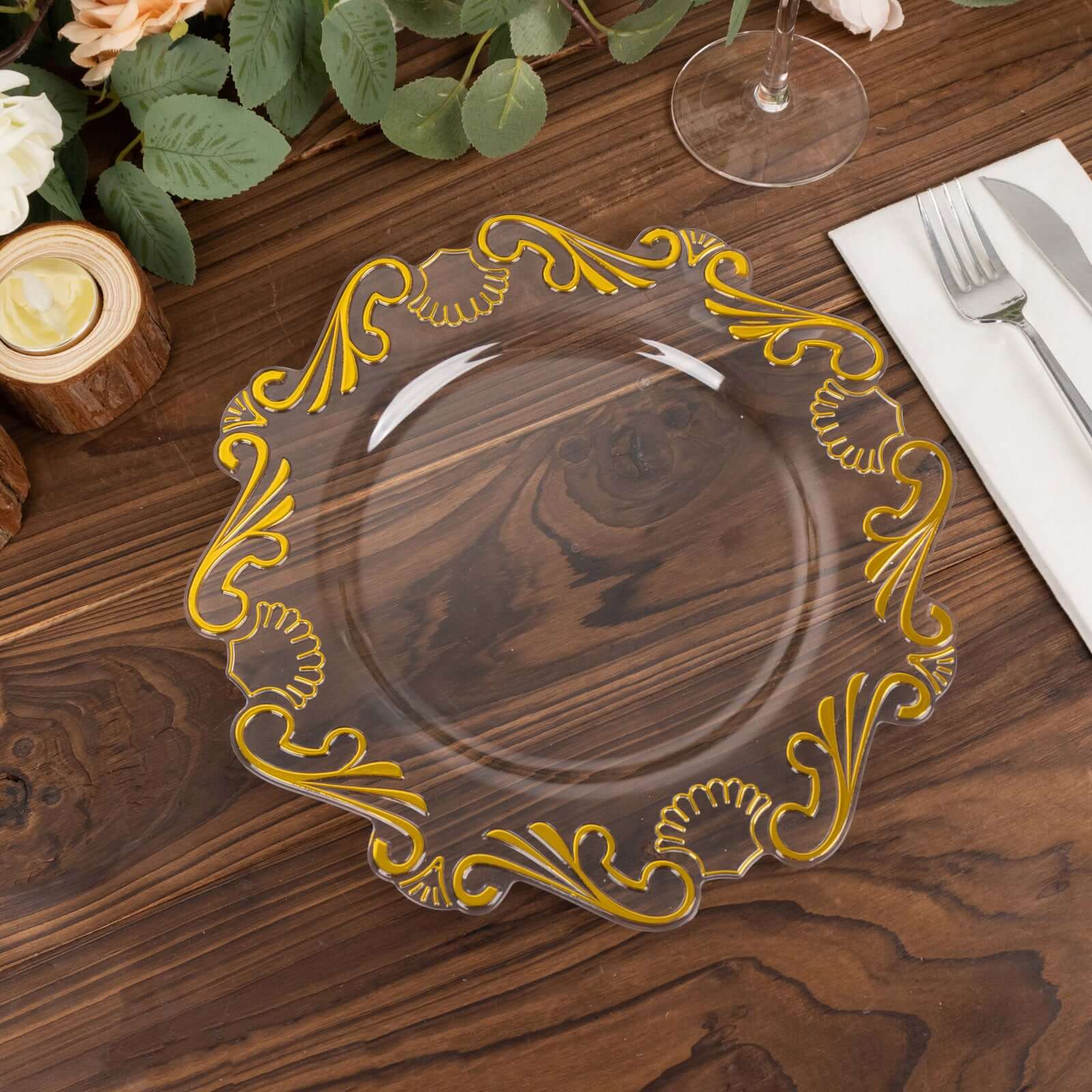 10-Pack Plastic 10" Round Dinner Plates in Clear with Gold Vintage Baroque Scalloped Rim - European Style Disposable Party Plates