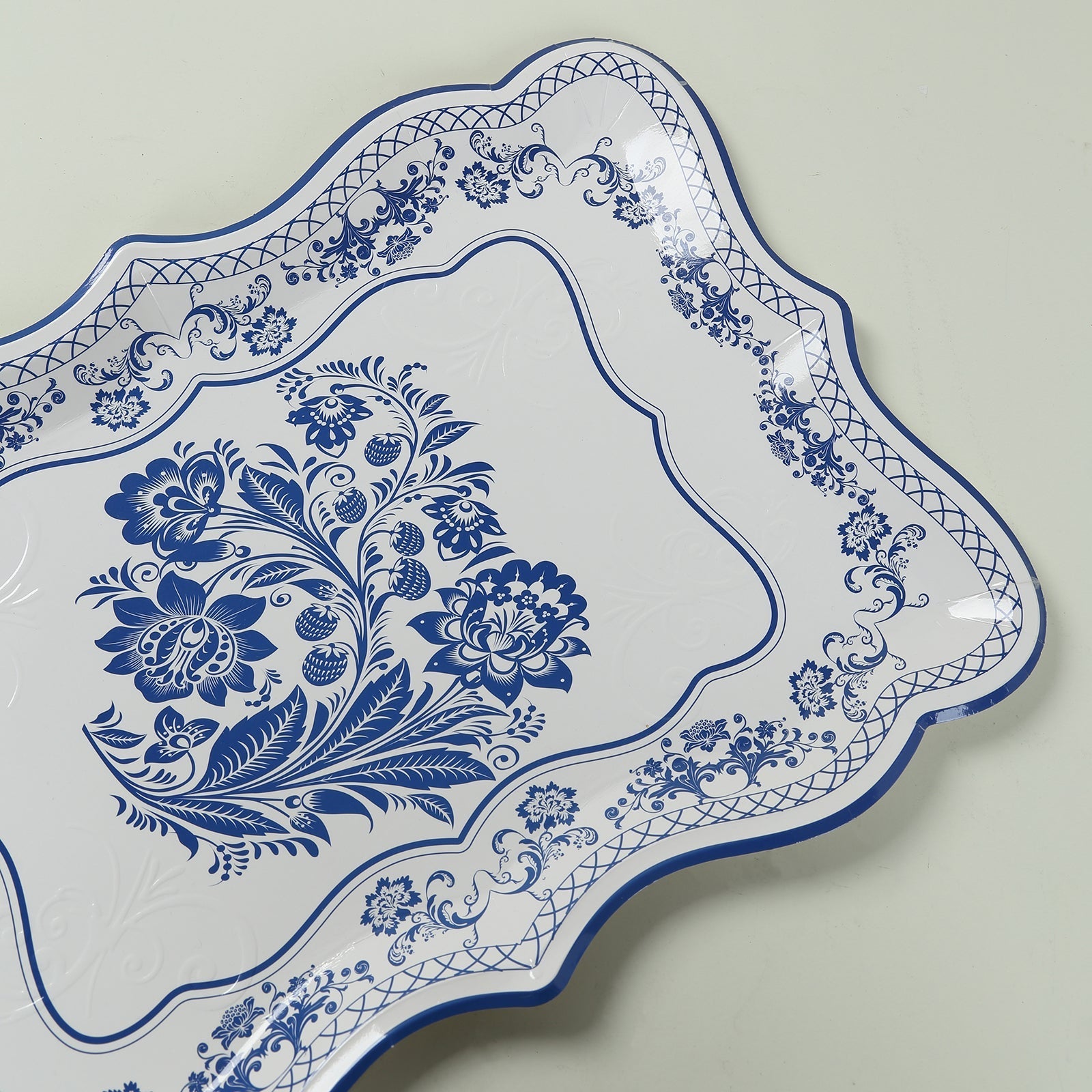 10-Pack Paper 14"x10" Rectangle Serving Trays White Royal Blue Damask Floral Pattern for Weddings & Parties