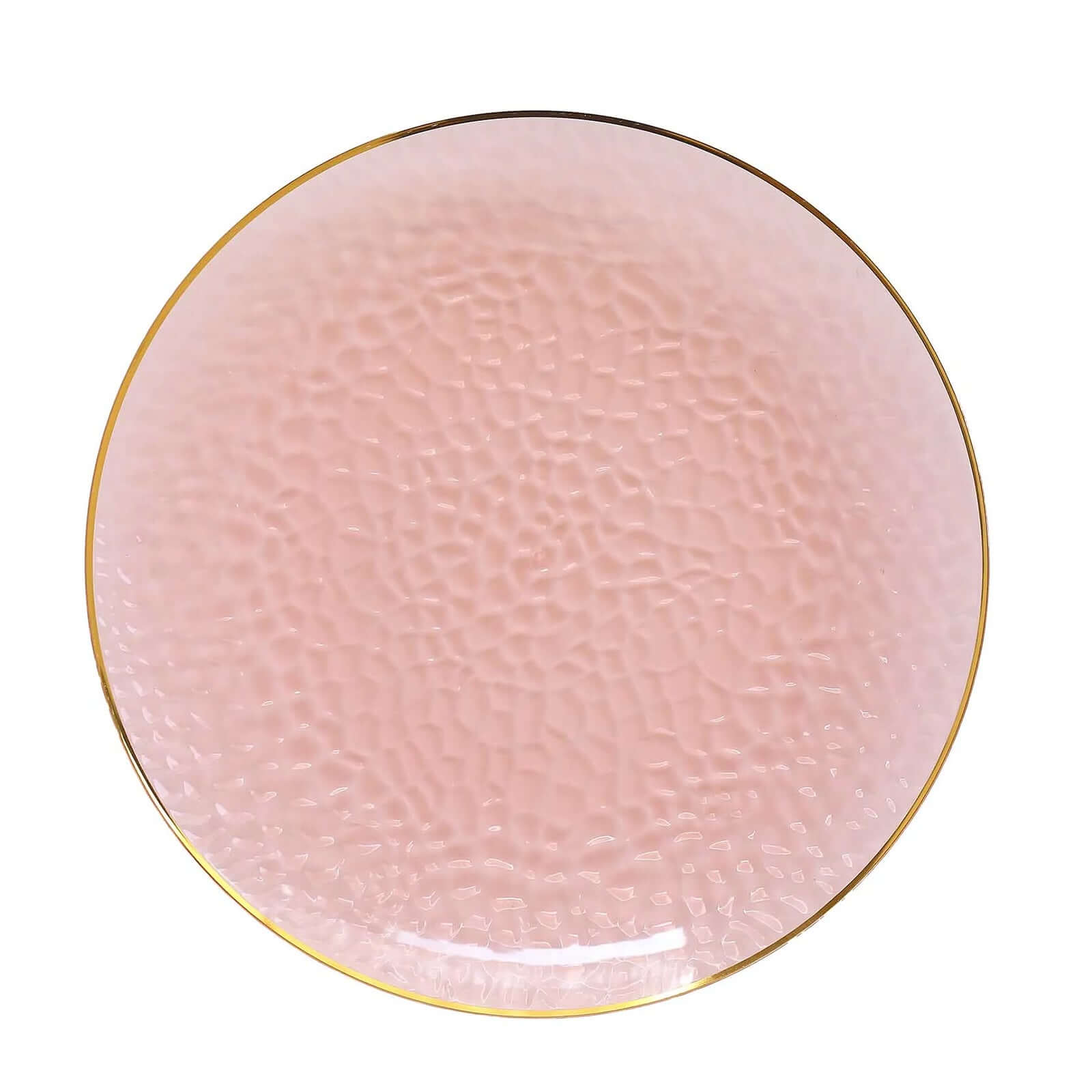 10 Pack Economy Plastic Round Charger Plates 13" in Transparent Blush Hammered Design with Gold Rim, Decorative Dinner Party Serving Plates