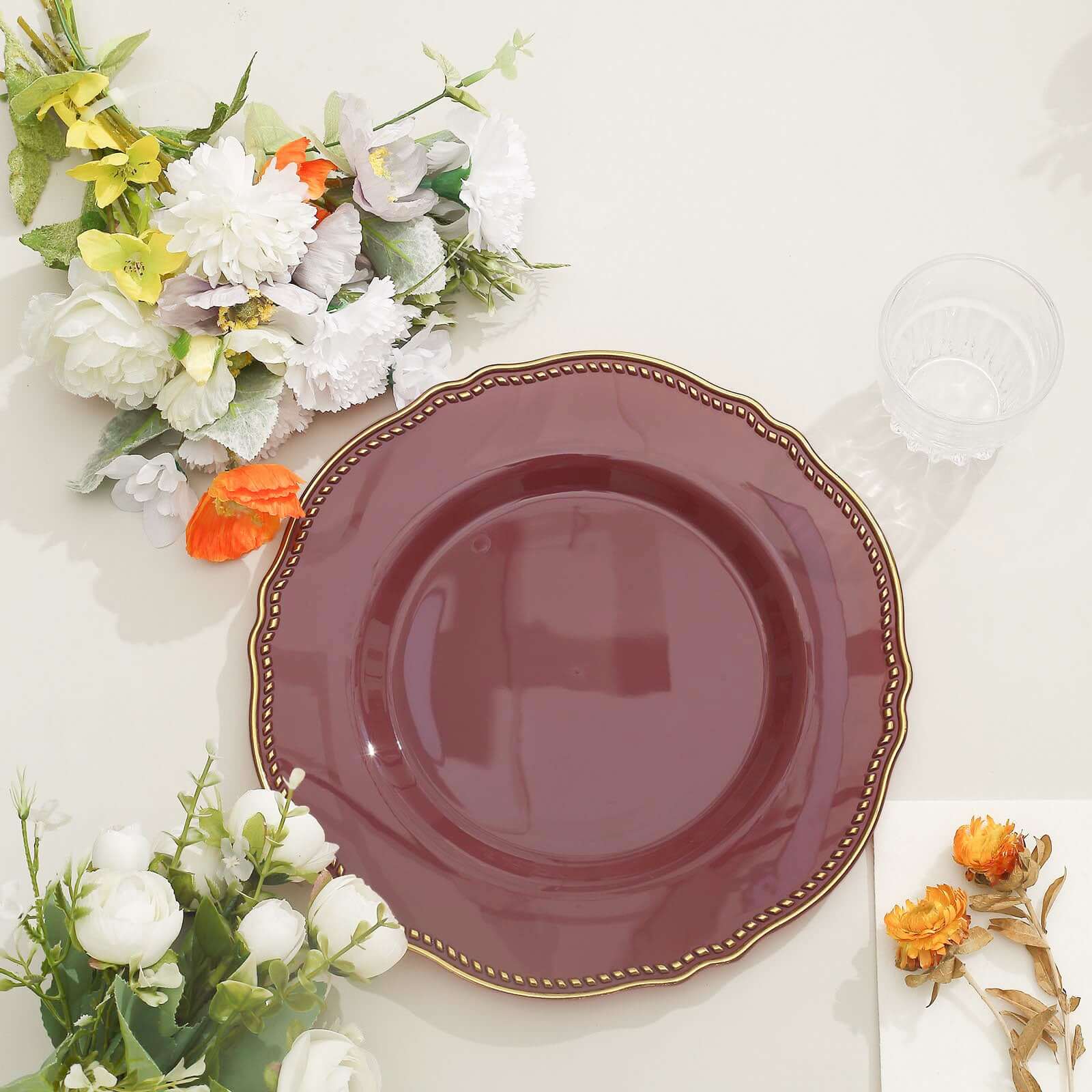 10-Pack Plastic 10" Dinner Plates in Cinnamon Rose with Gold Scalloped Rim - Disposable Large Party Plates