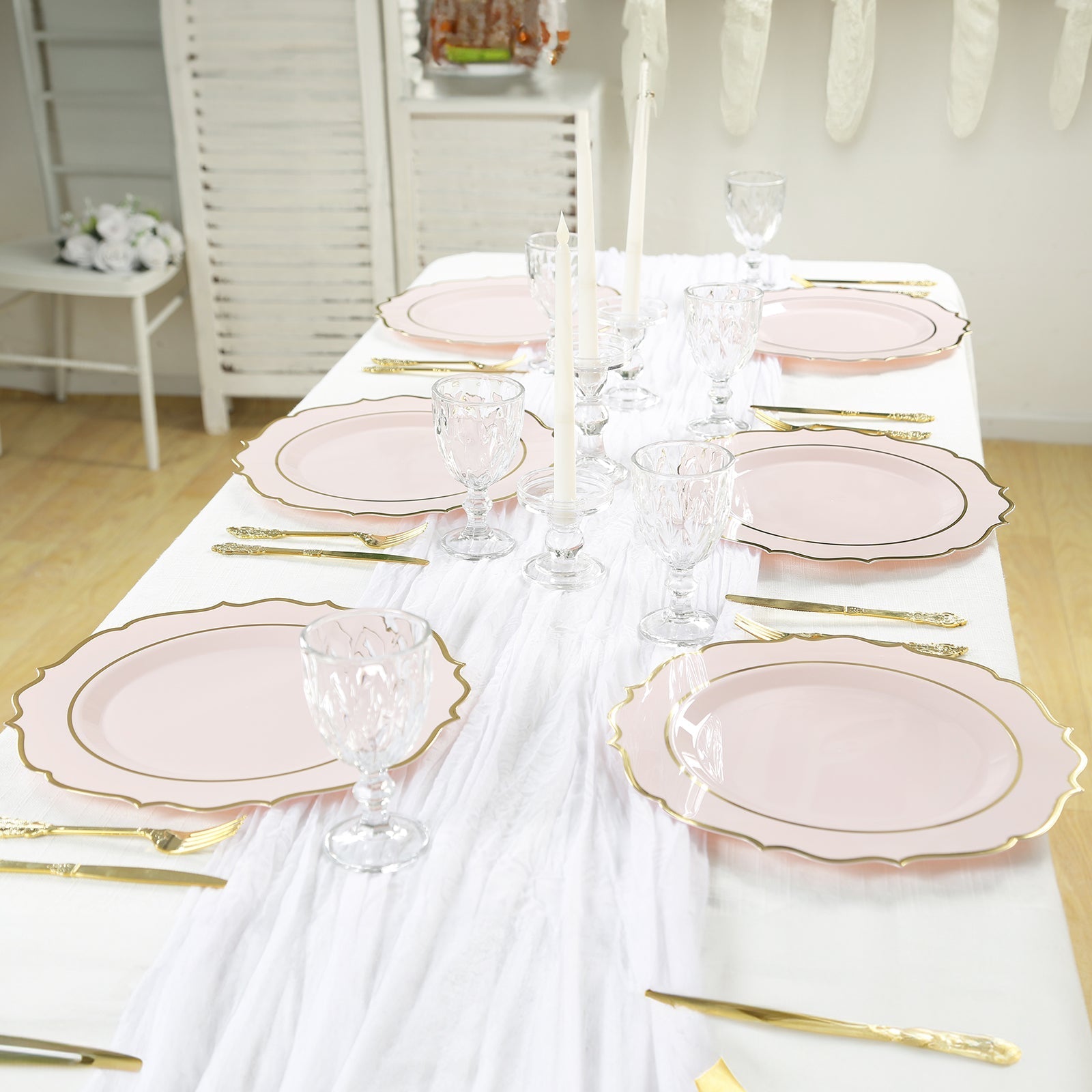10-Pack Economy Plastic Round Charger Plates 13" in Blush with Gold Scalloped Rim, Decorative Dinner Party Serving Plates