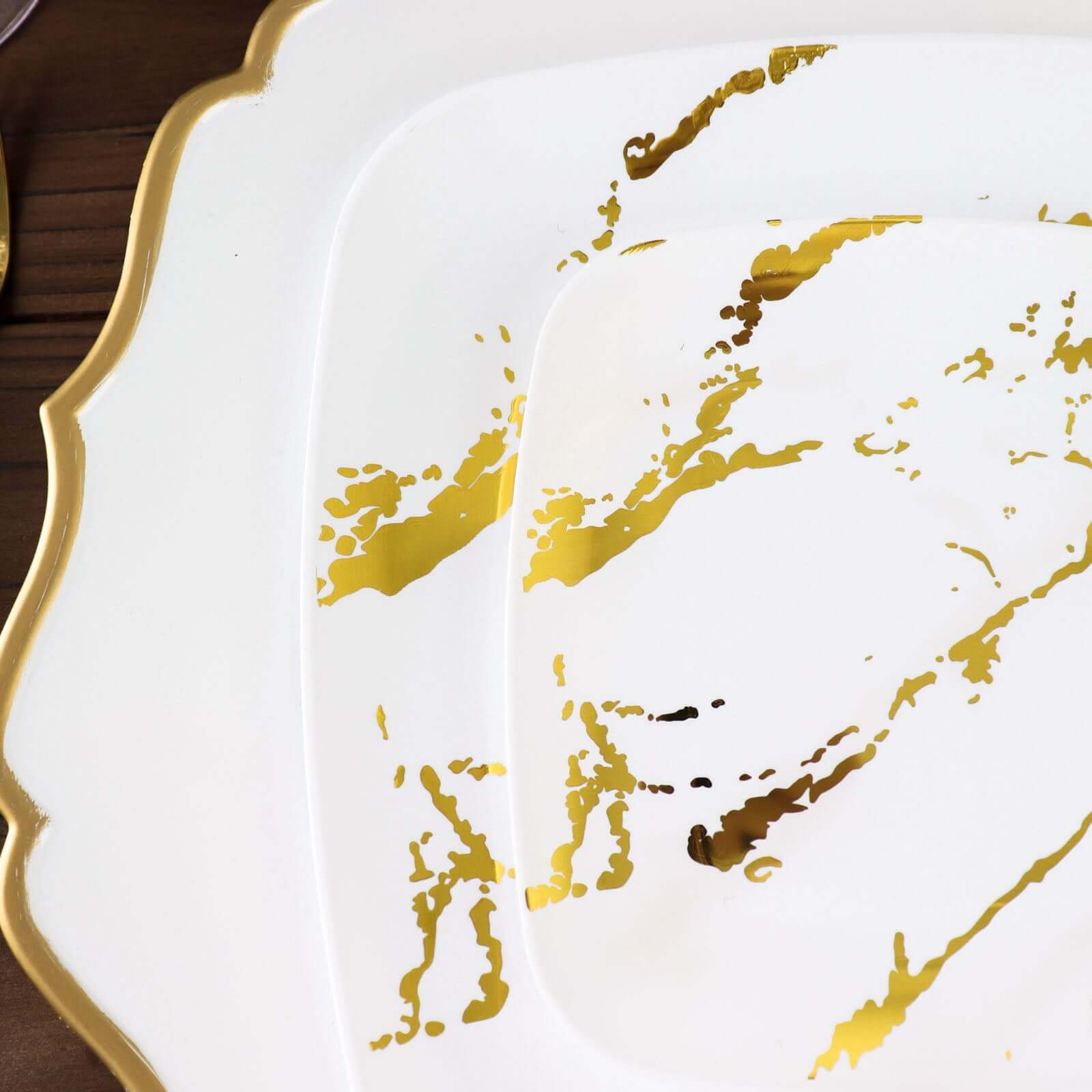10-Pack Plastic 8" Square Dessert Plates in White with Gold Marble Design - Disposable Appetizer Salad Party Plates for Weddings, Banquets & Special Events