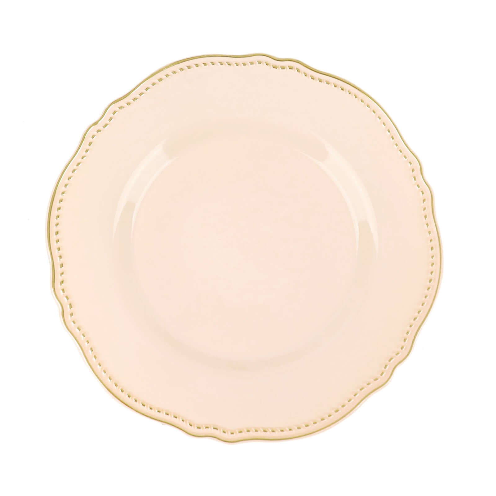 10-Pack Plastic 10" Dinner Plates in Nude with Gold Scalloped Rim - Disposable Large Party Plates